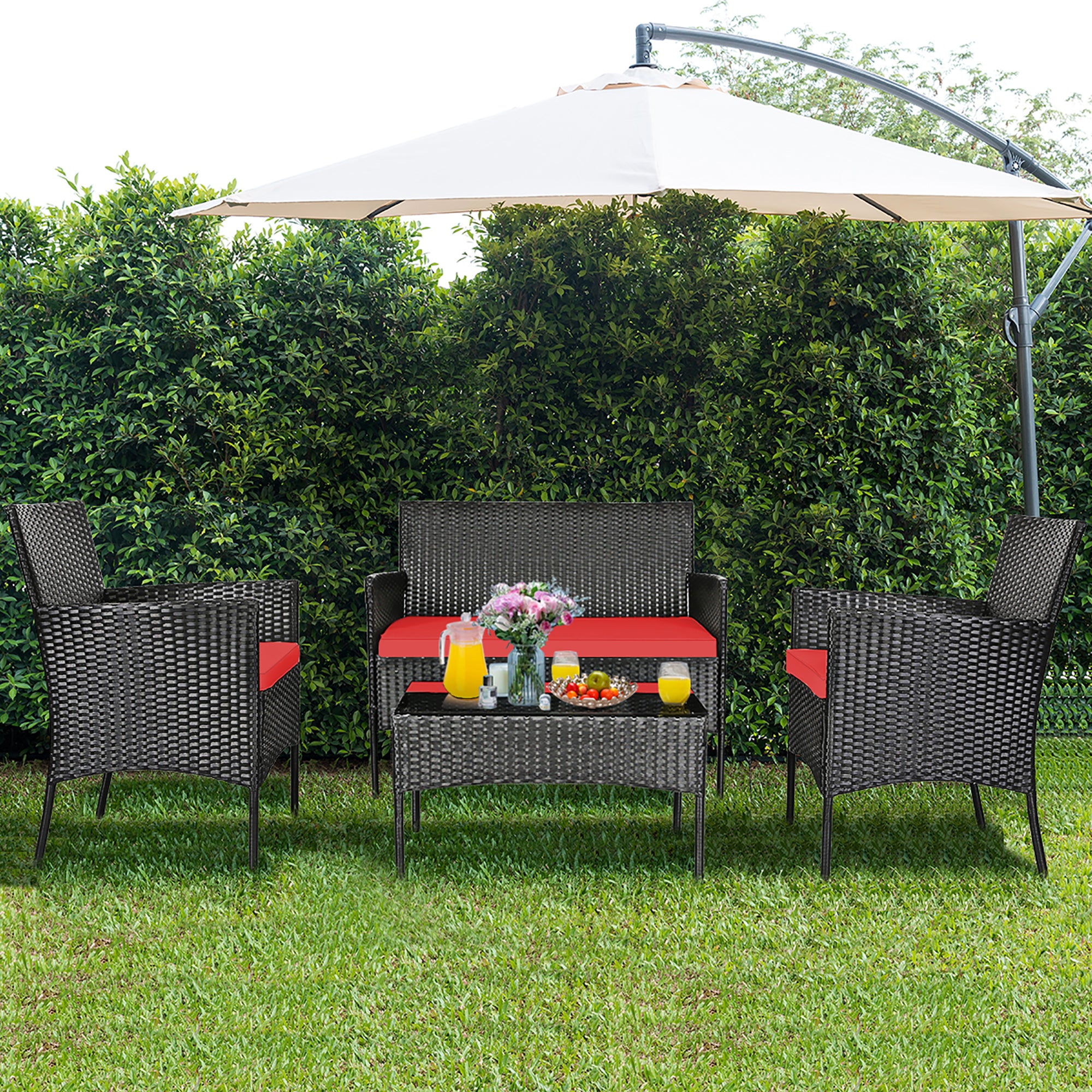  4 Piece PE Rattan Furniture Set with Cushions and Table - Red - Bonton