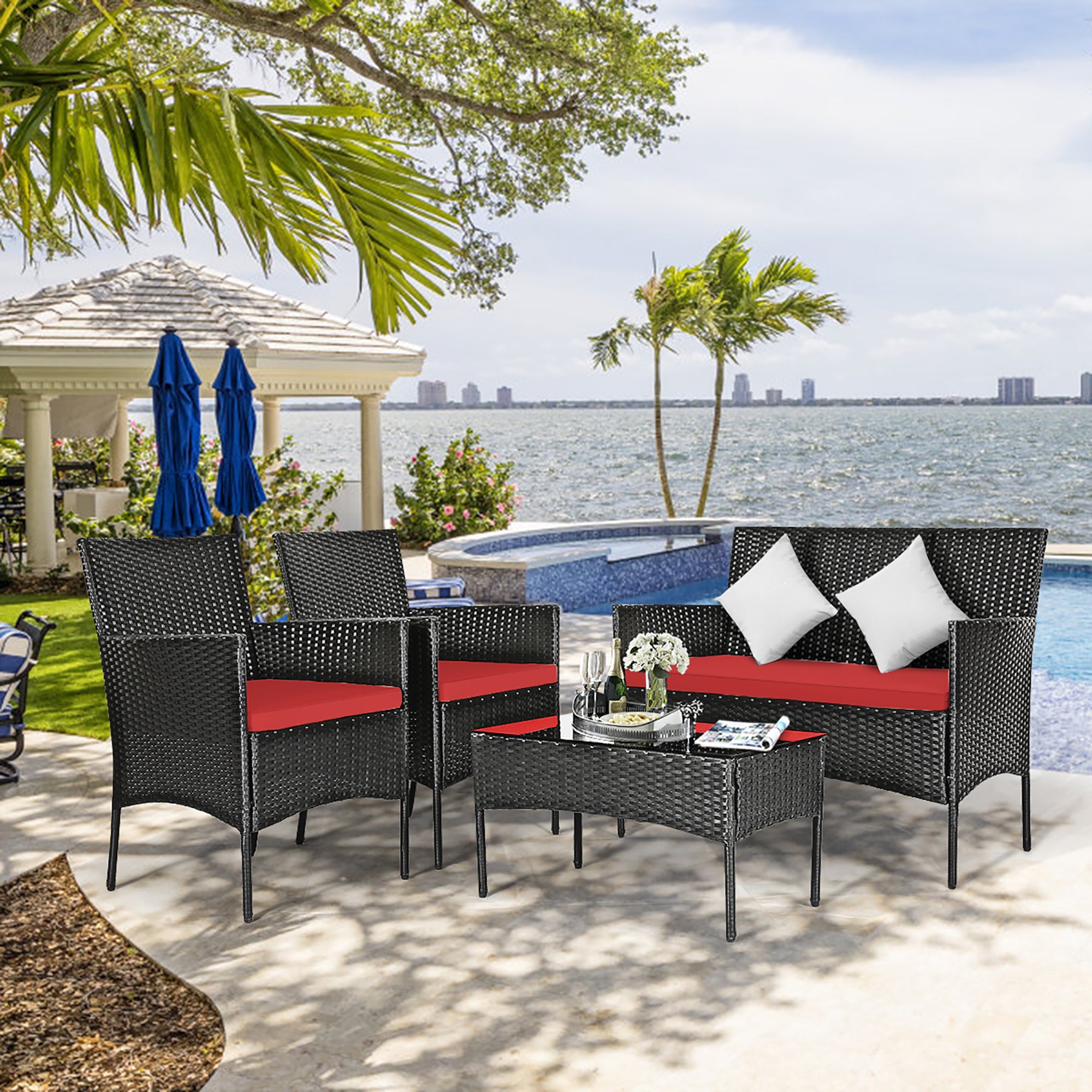  4 Piece PE Rattan Furniture Set with Cushions and Table - Red - Bonton