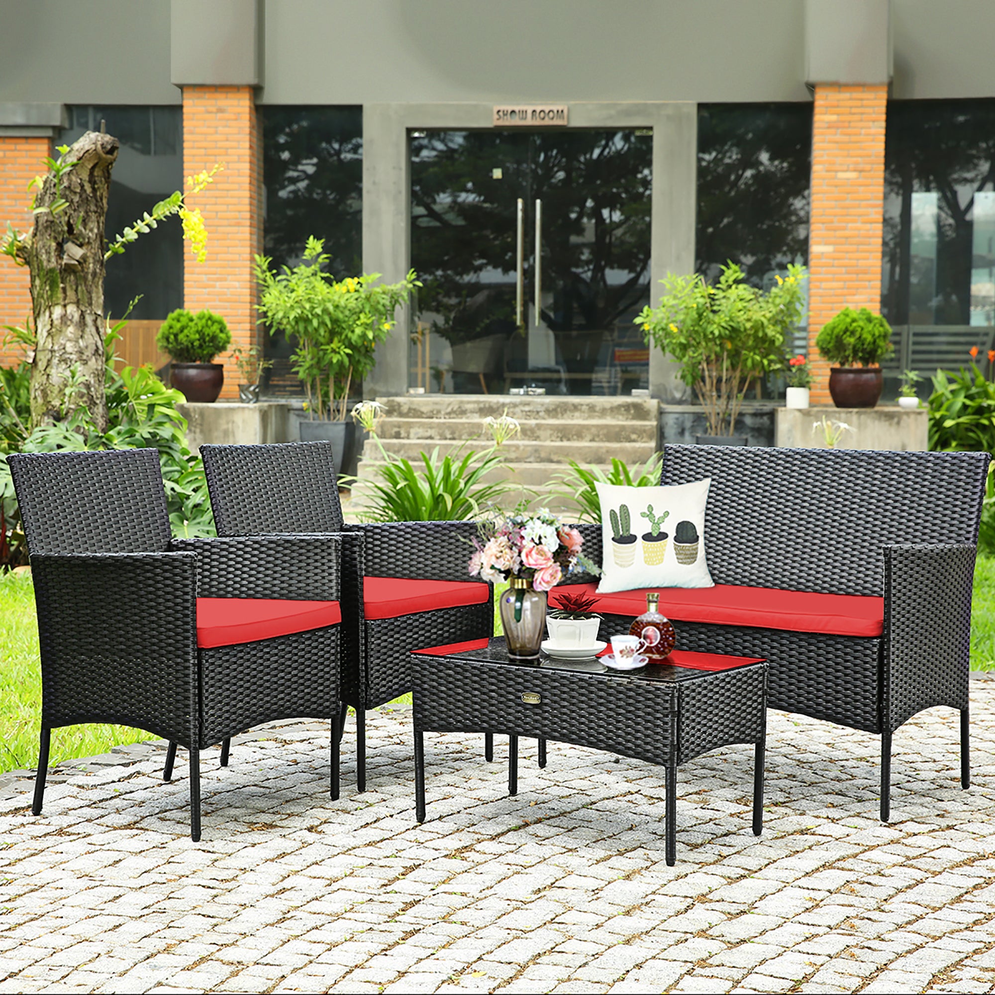  4 Piece PE Rattan Furniture Set with Cushions and Table - Red - Bonton