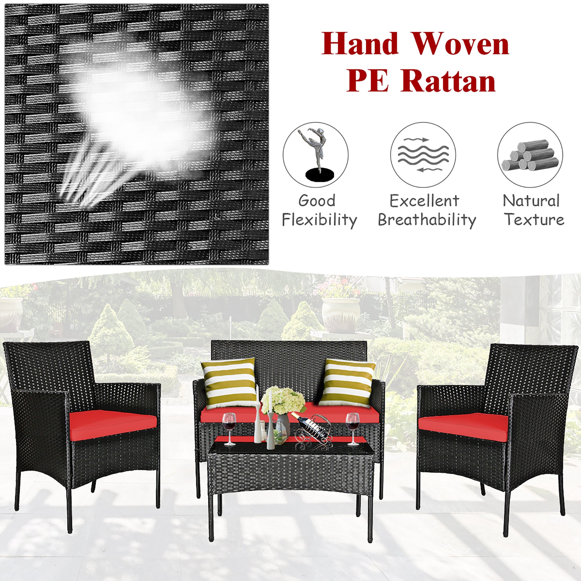  4 Piece PE Rattan Furniture Set with Cushions and Table - Red - Bonton