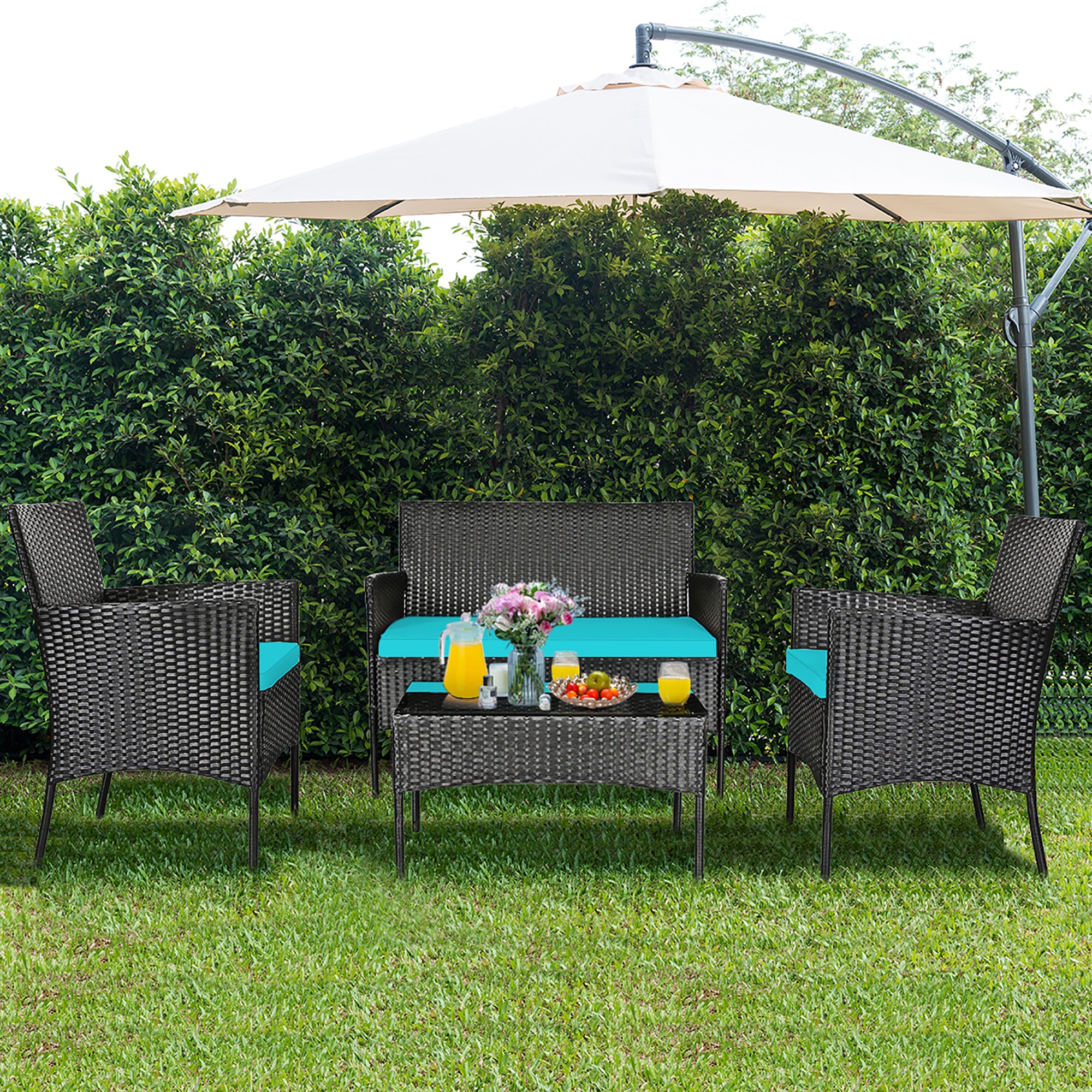  4 Piece PE Rattan Furniture Set with Cushions and Table - Red - Bonton