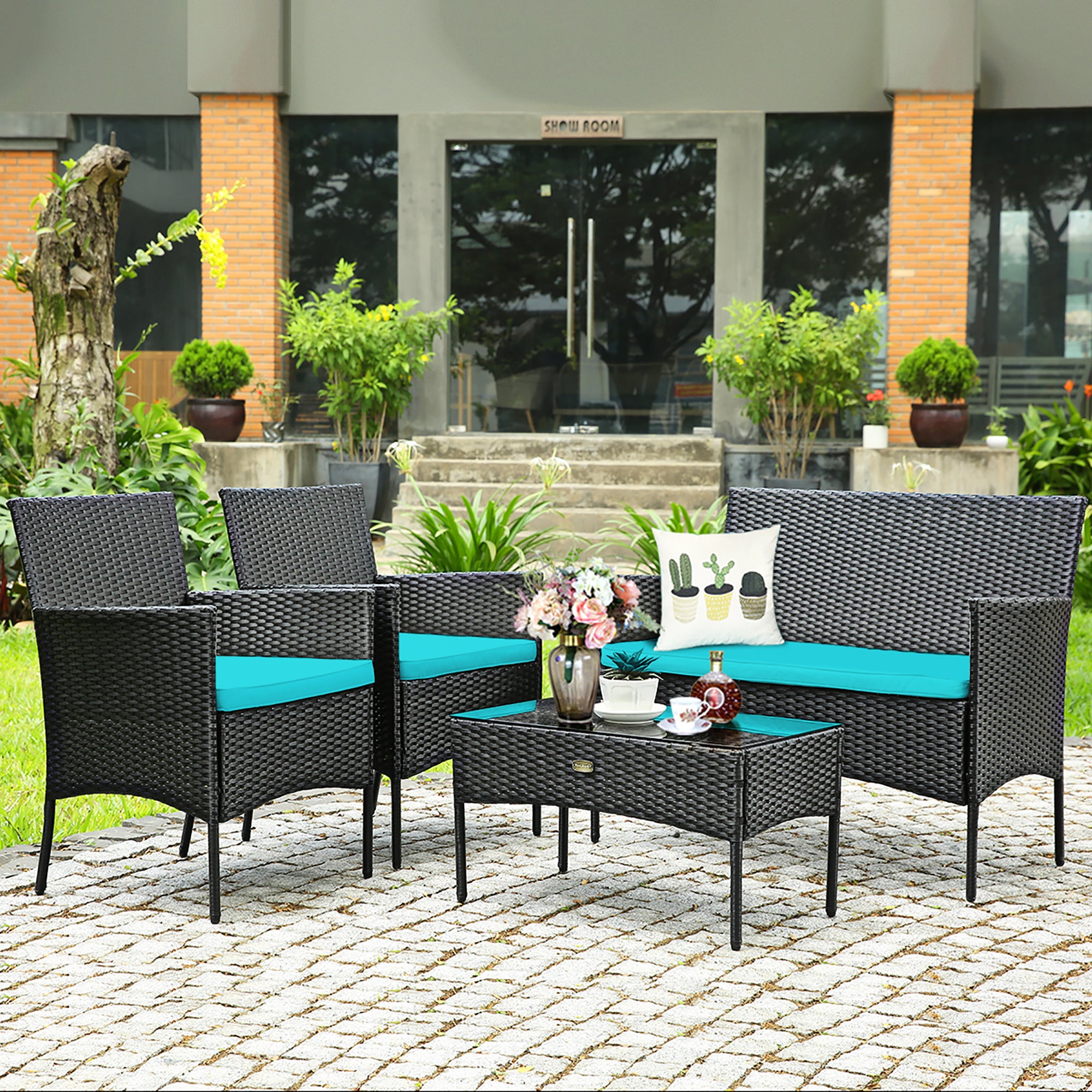  4 Piece PE Rattan Furniture Set with Cushions and Table - Red - Bonton