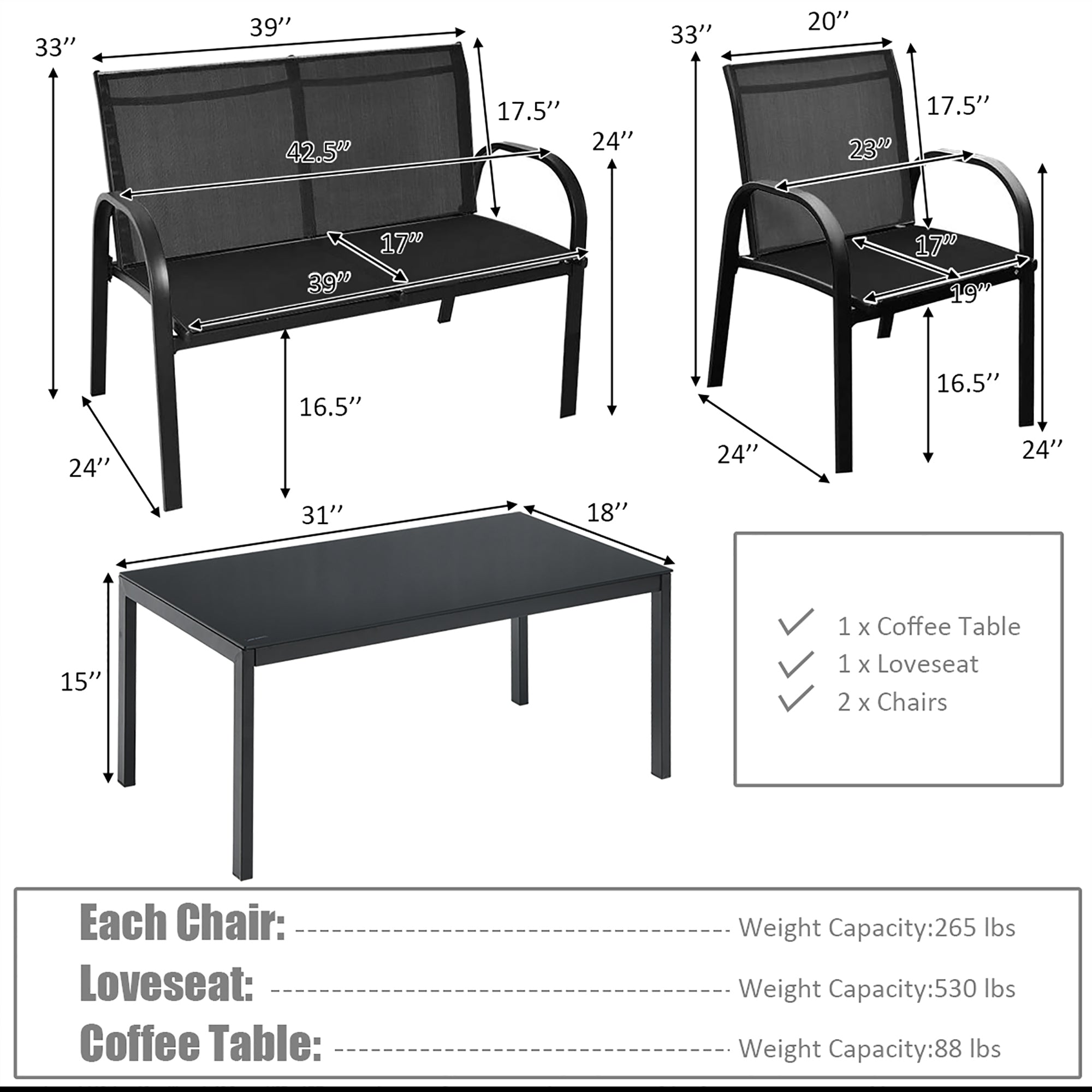  Metal Frame 4 Piece Furniture Set - Gray - Bonton