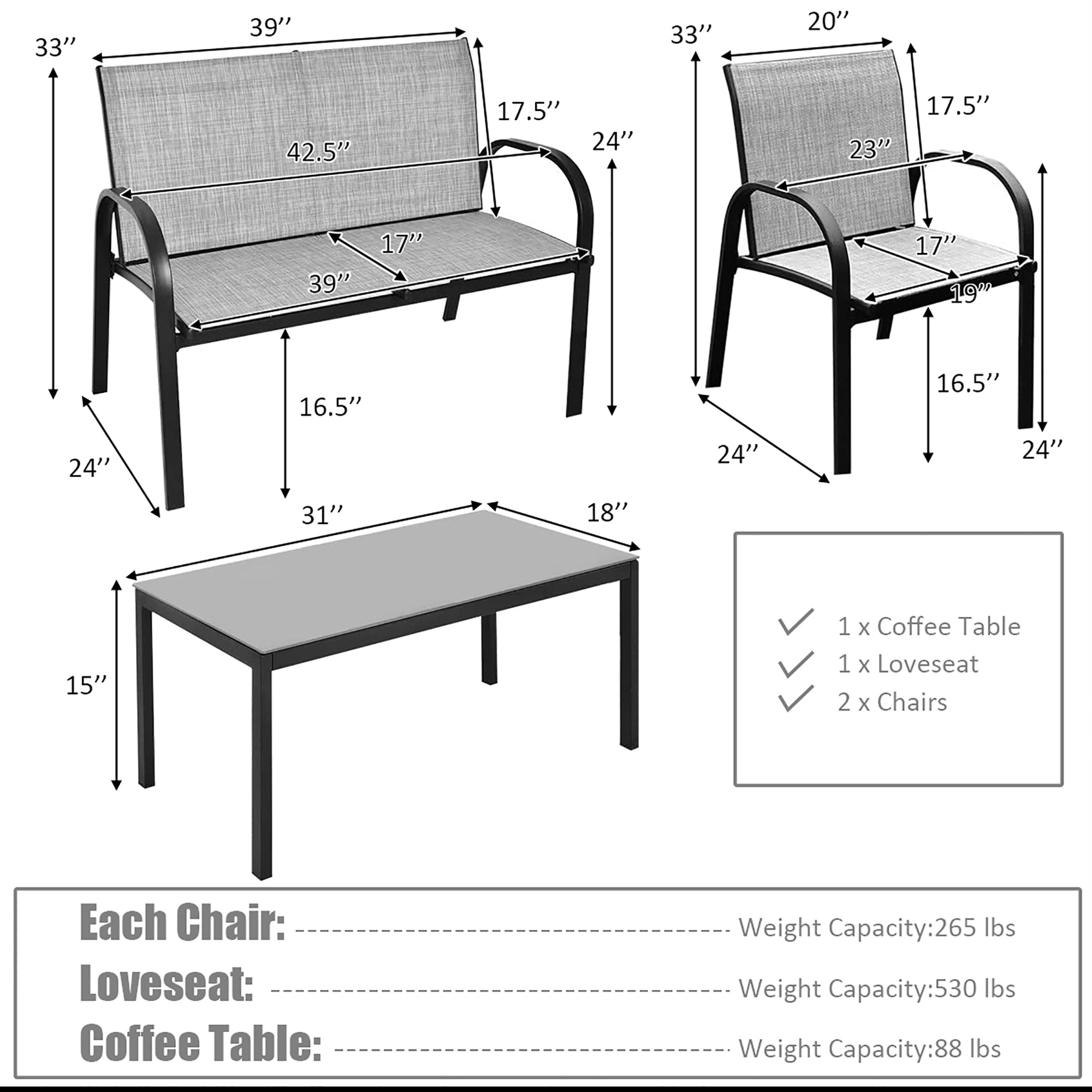  Metal Frame 4 Piece Furniture Set - Gray - Bonton