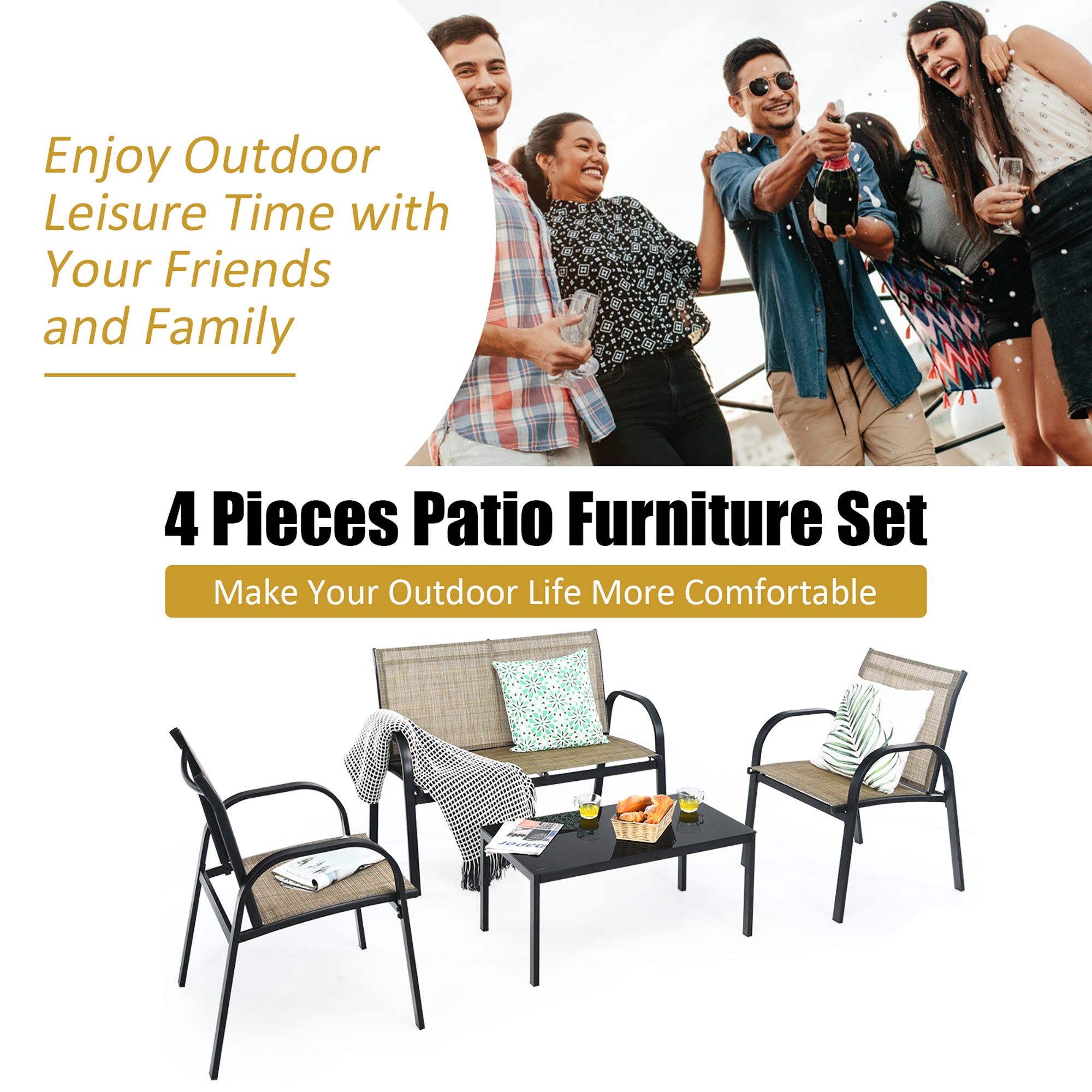  4 Piece PE Rattan Furniture Set with Cushions and Table - Red - Bonton