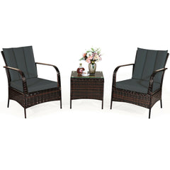 3 Piece Dark Wicker Rattan Chair Set with Cushions and Table