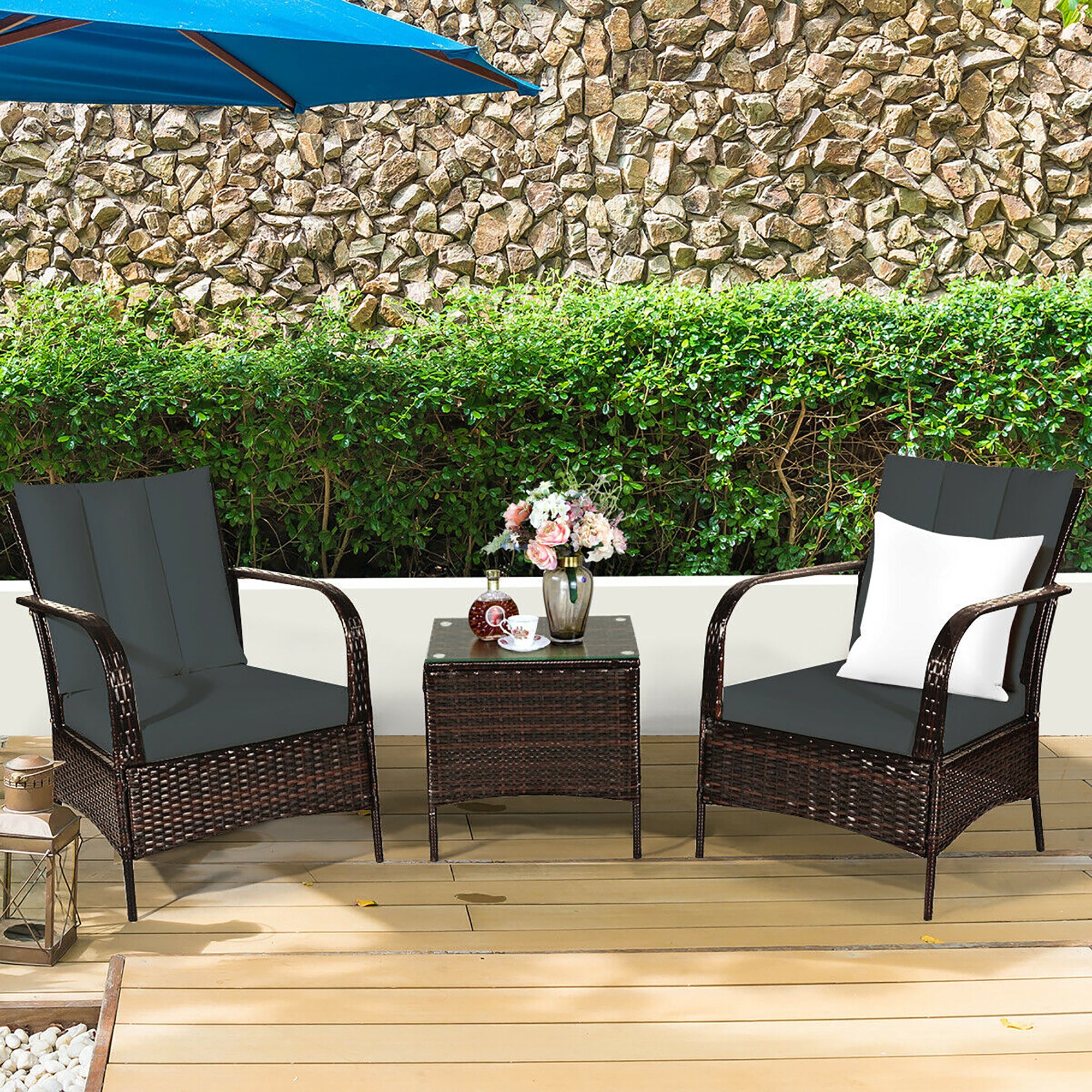  3 Piece Dark Wicker Rattan Chair Set with Cushions and Table - Navy - Bonton