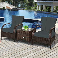 3 Piece Dark Wicker Rattan Chair Set with Cushions and Table