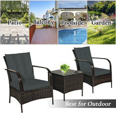 3 Piece Dark Wicker Rattan Chair Set with Cushions and Table