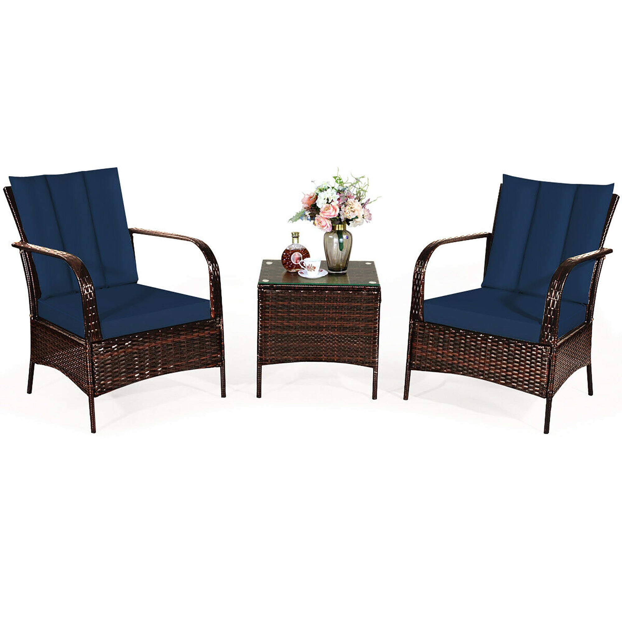  3 Piece Dark Wicker Rattan Chair Set with Cushions and Table - Dark Gray - Bonton