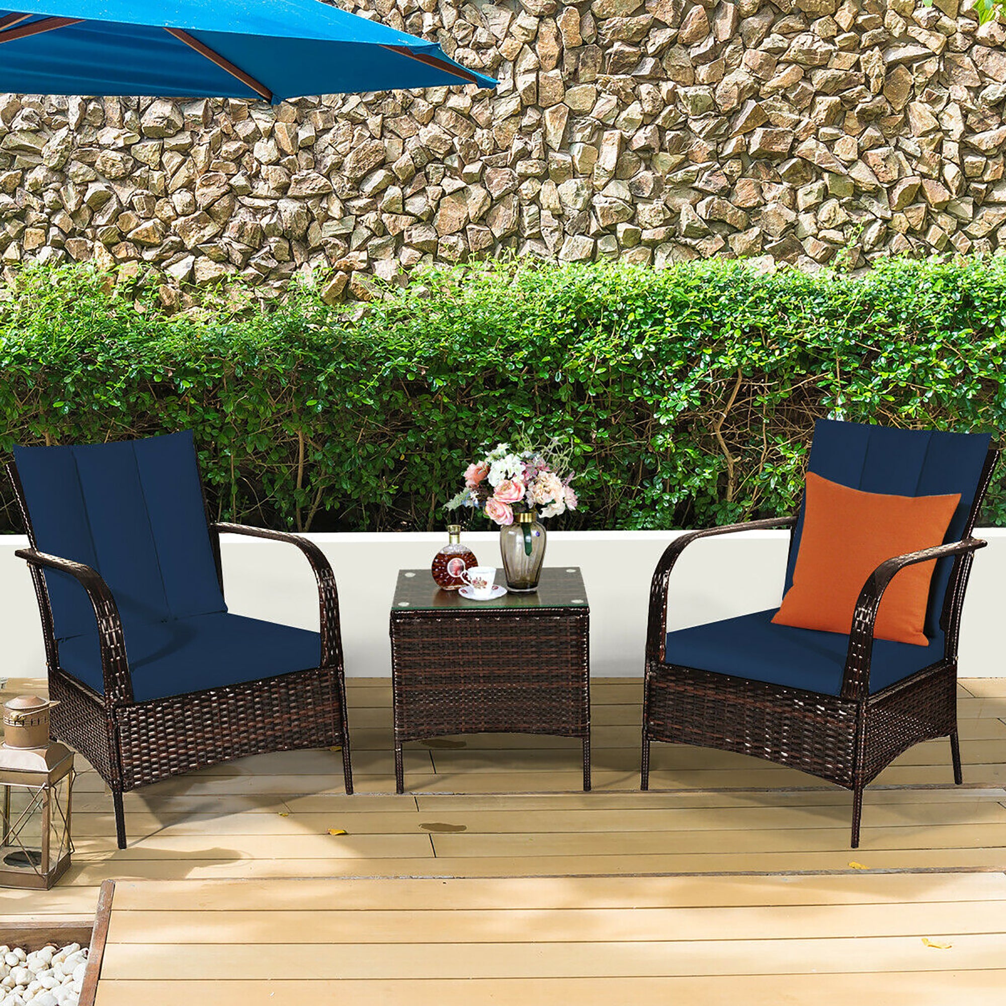  3 Piece Dark Wicker Rattan Chair Set with Cushions and Table - Turquoise - Bonton