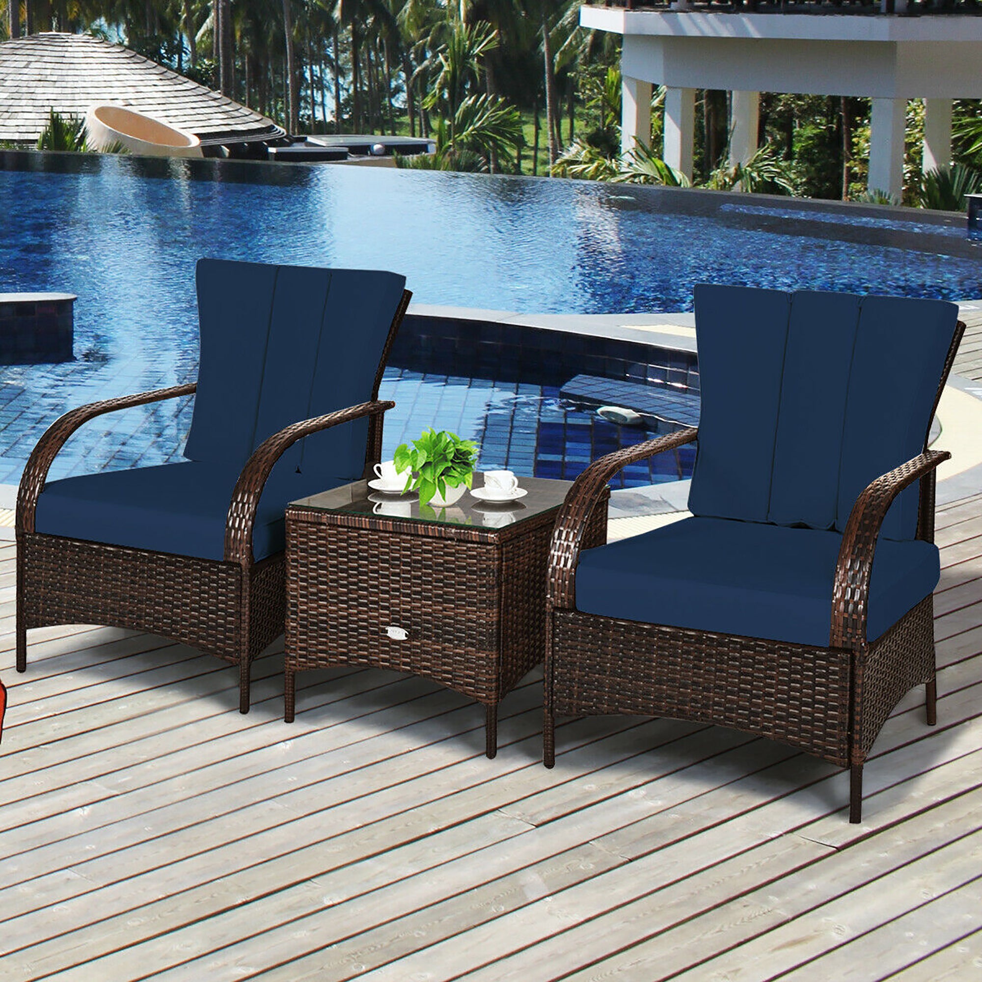  3 Piece Dark Wicker Rattan Chair Set with Cushions and Table - Navy - Bonton