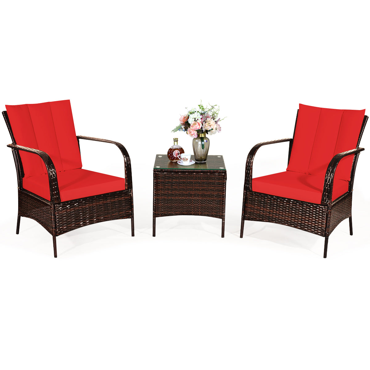  3 Piece Dark Wicker Rattan Chair Set with Cushions and Table - Navy - Bonton