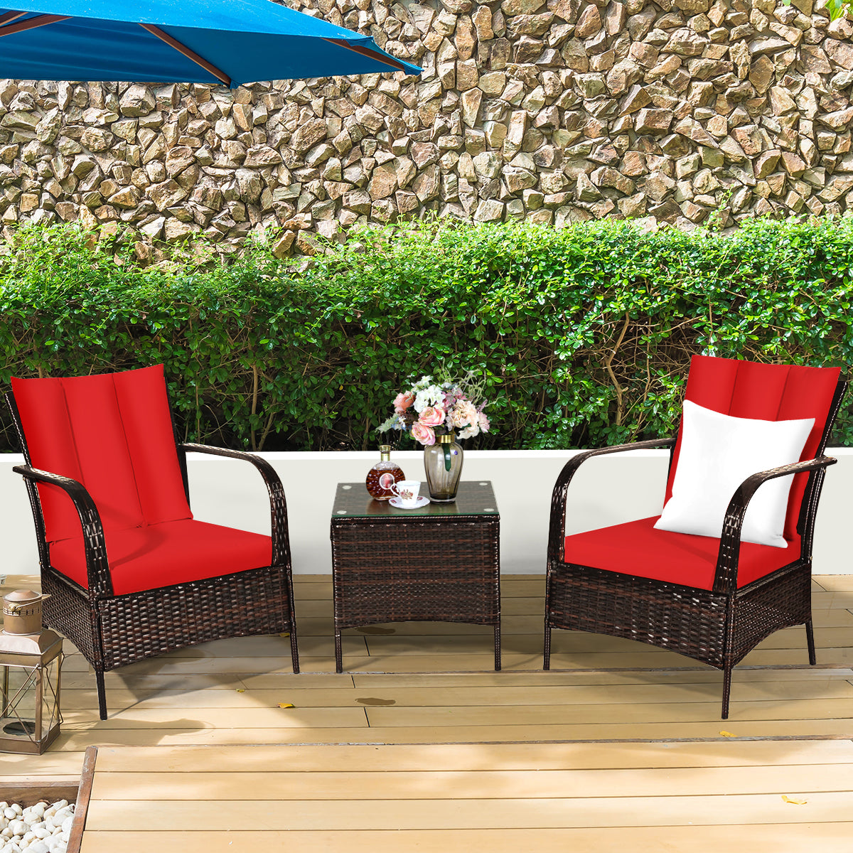  3 Piece Dark Wicker Rattan Chair Set with Cushions and Table - Navy - Bonton