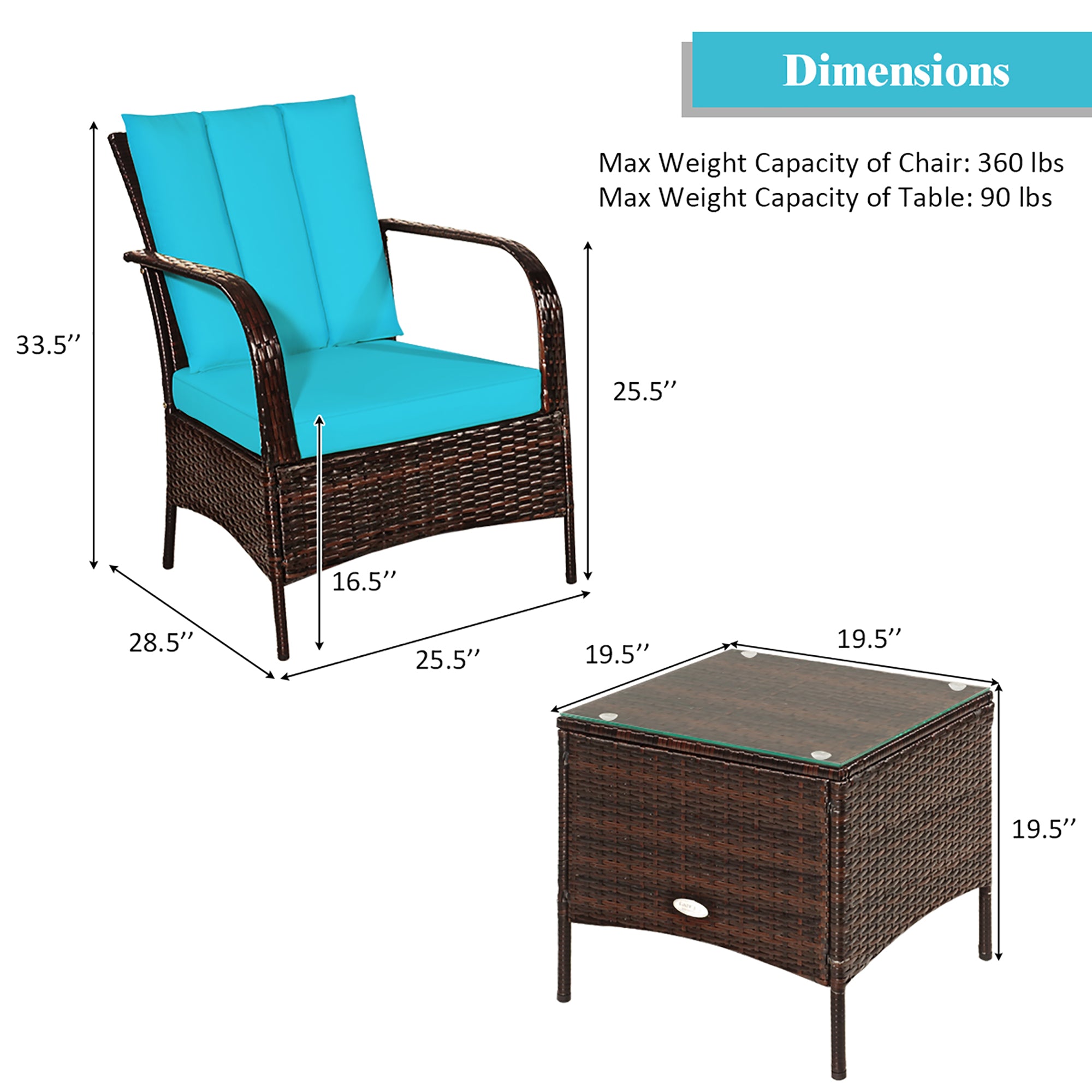  3 Piece Dark Wicker Rattan Chair Set with Cushions and Table - Turquoise - Bonton