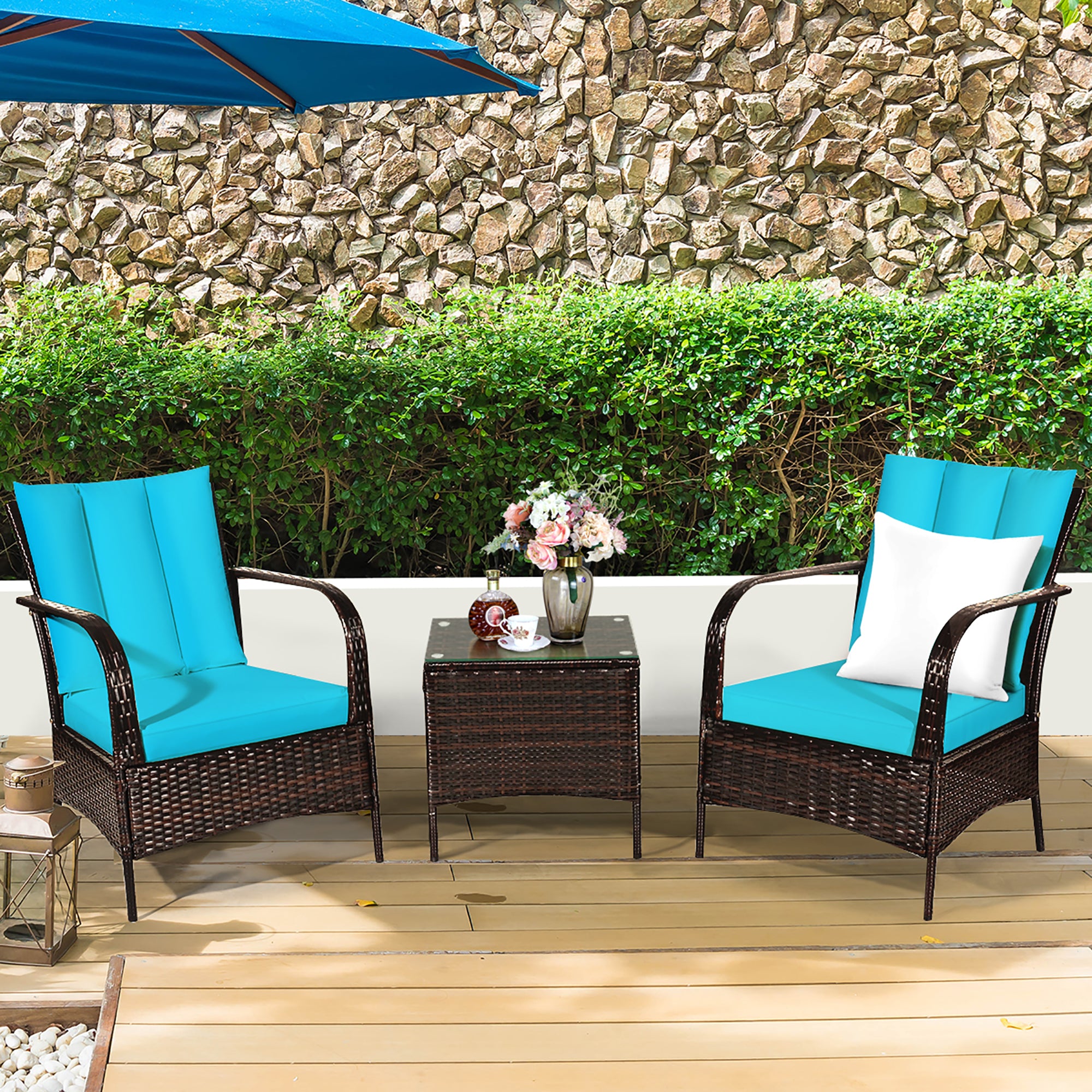  3 Piece Dark Wicker Rattan Chair Set with Cushions and Table - Navy - Bonton