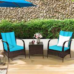 3 Piece Dark Wicker Rattan Chair Set with Cushions and Table