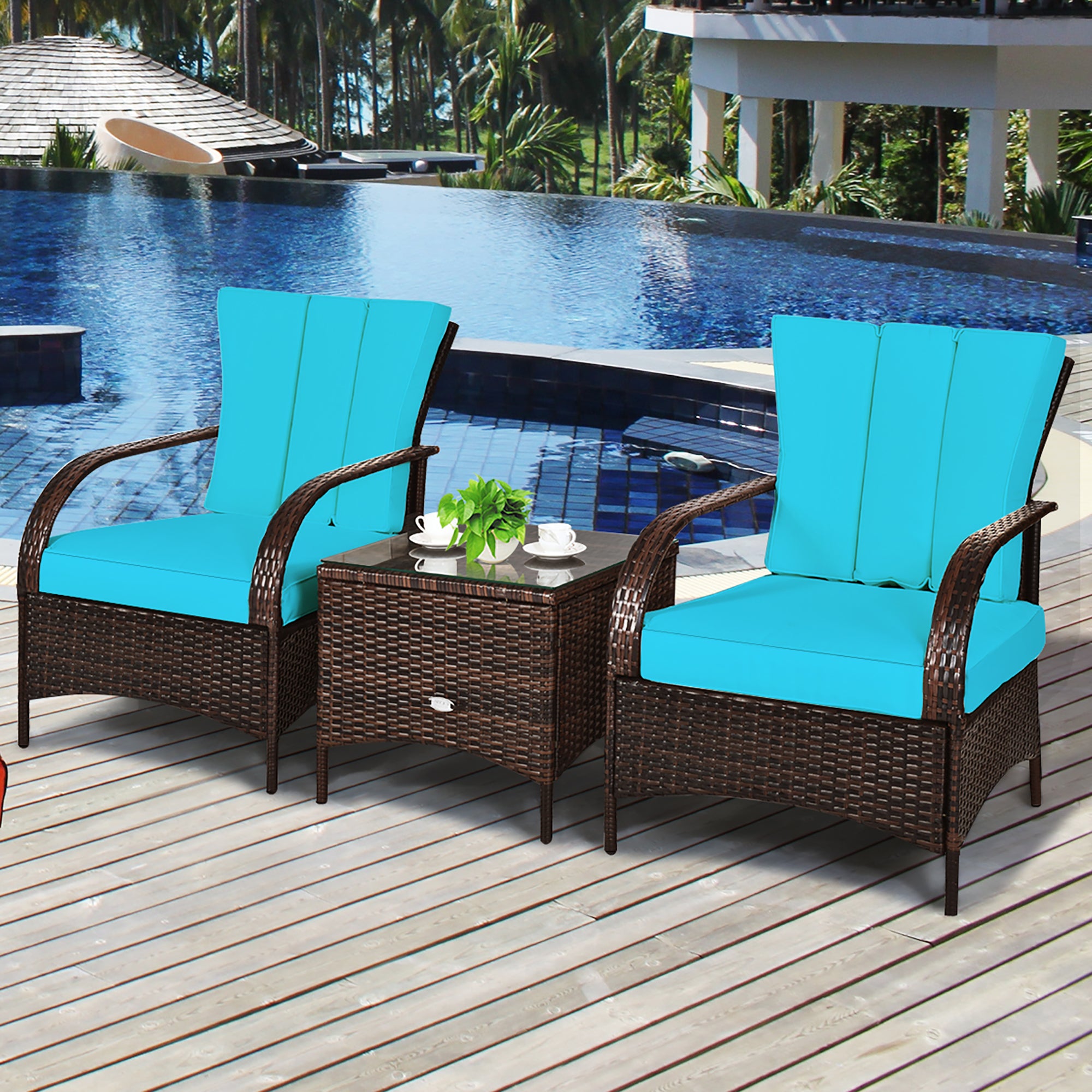  3 Piece Dark Wicker Rattan Chair Set with Cushions and Table - Turquoise - Bonton