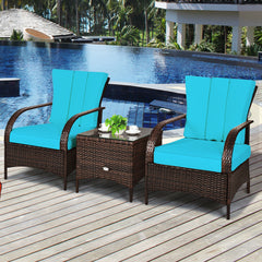 3 Piece Dark Wicker Rattan Chair Set with Cushions and Table