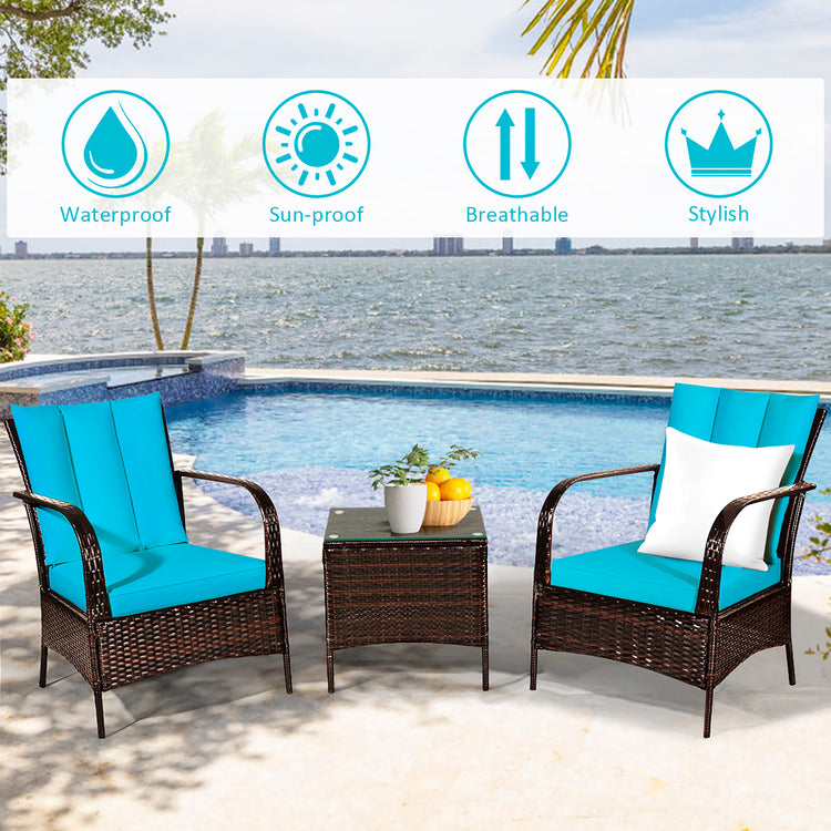 3 Piece Dark Wicker Rattan Chair Set with Cushions and Table