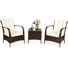 3 Piece Rattan Coffee Table & 2 White Cushioned Chairs