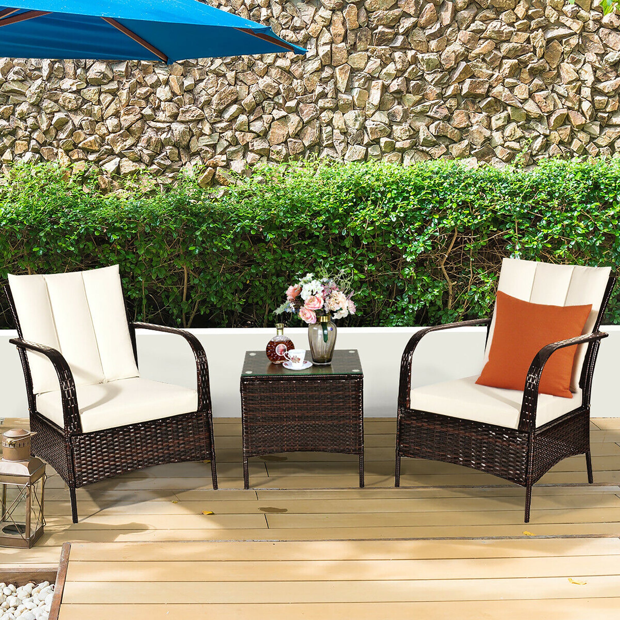  3 Piece Dark Wicker Rattan Chair Set with Cushions and Table - Navy - Bonton