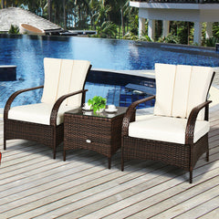 3 Piece Rattan Coffee Table & 2 White Cushioned Chairs