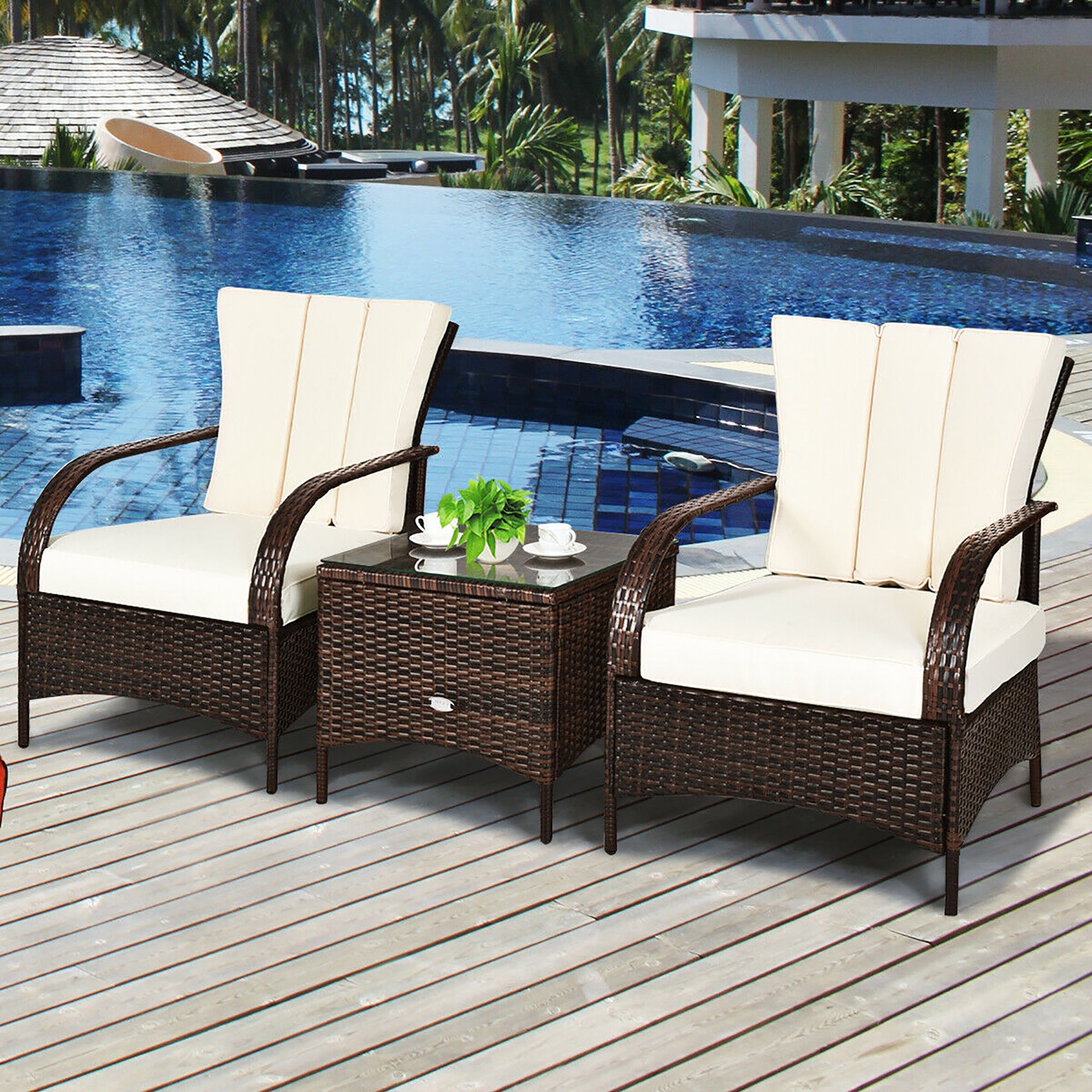  3 Piece Dark Wicker Rattan Chair Set with Cushions and Table - White - Bonton