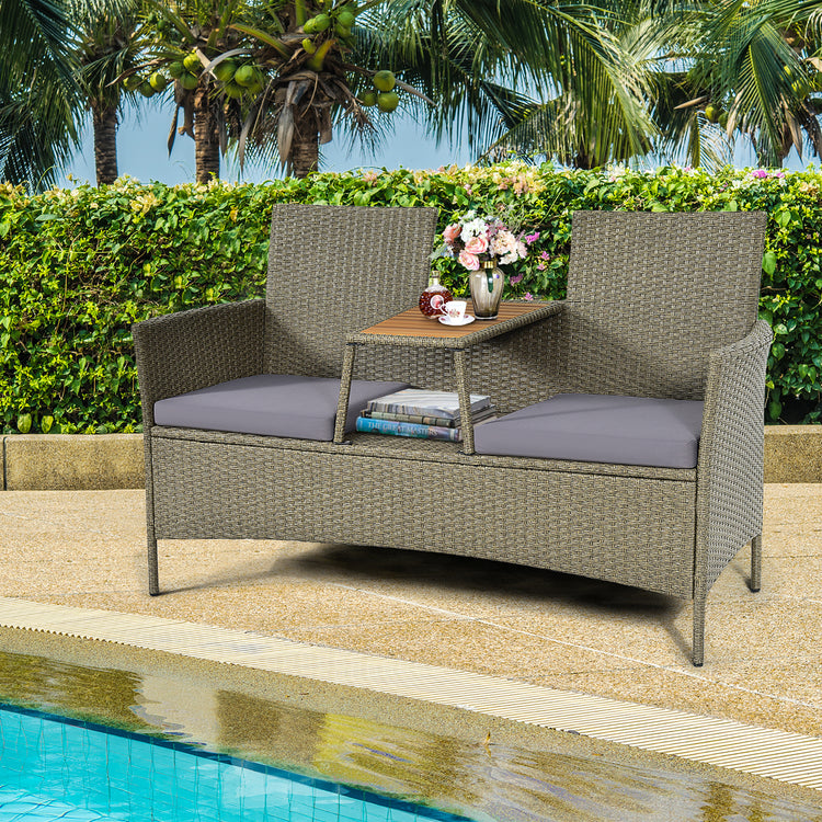 2-Person Rattan Conversation Loveseat with Attached Table