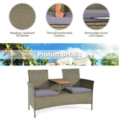 2-Person Rattan Conversation Loveseat with Attached Table