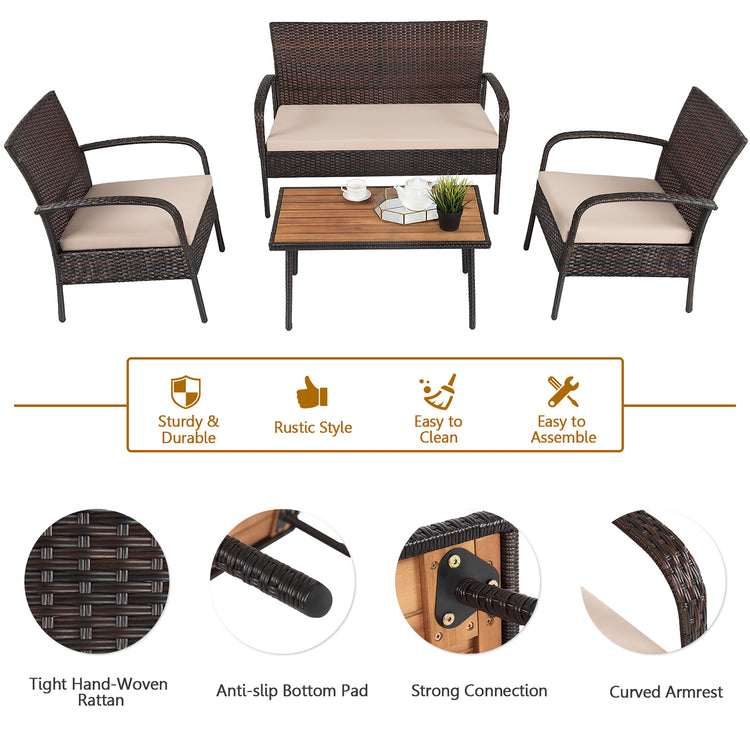 4 Piece Rattan Furniture Set with Acacia Wood Coffee Table