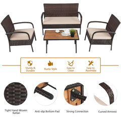 4 Piece Rattan Furniture Set with Acacia Wood Coffee Table