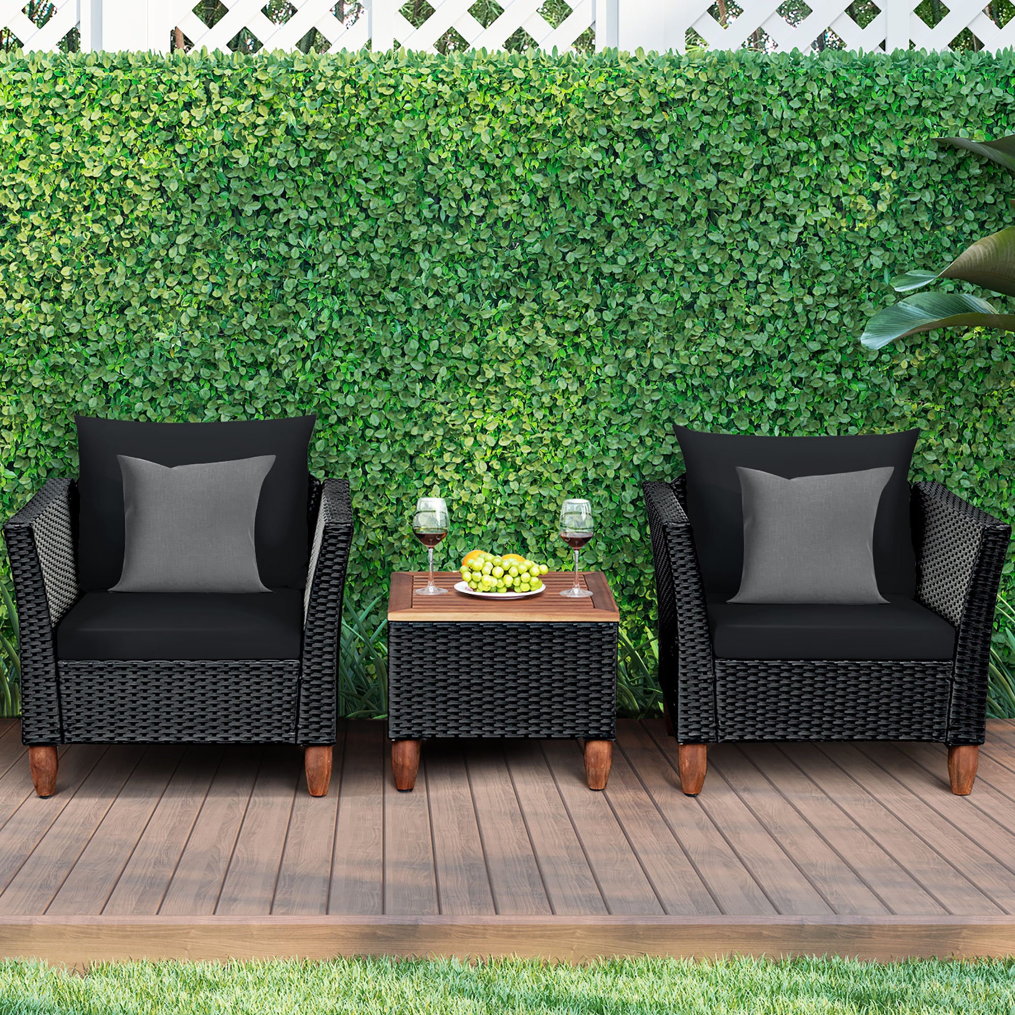  Black Rattan Chair Set with Acacia Wood 3 Piece Set - Black - Bonton