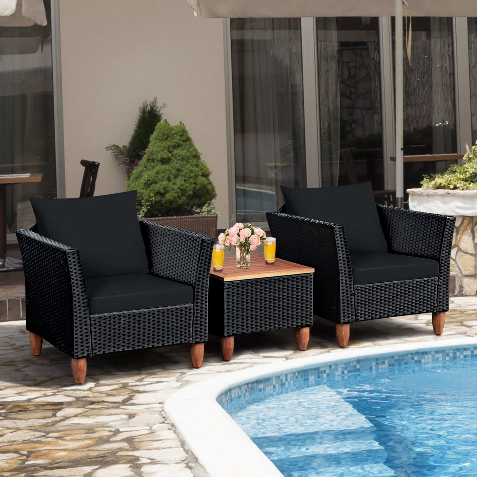  Black Rattan Chair Set with Acacia Wood 3 Piece Set - Navy - Bonton