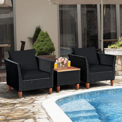 Black Rattan Chair Set with Acacia Wood 3 Piece Set