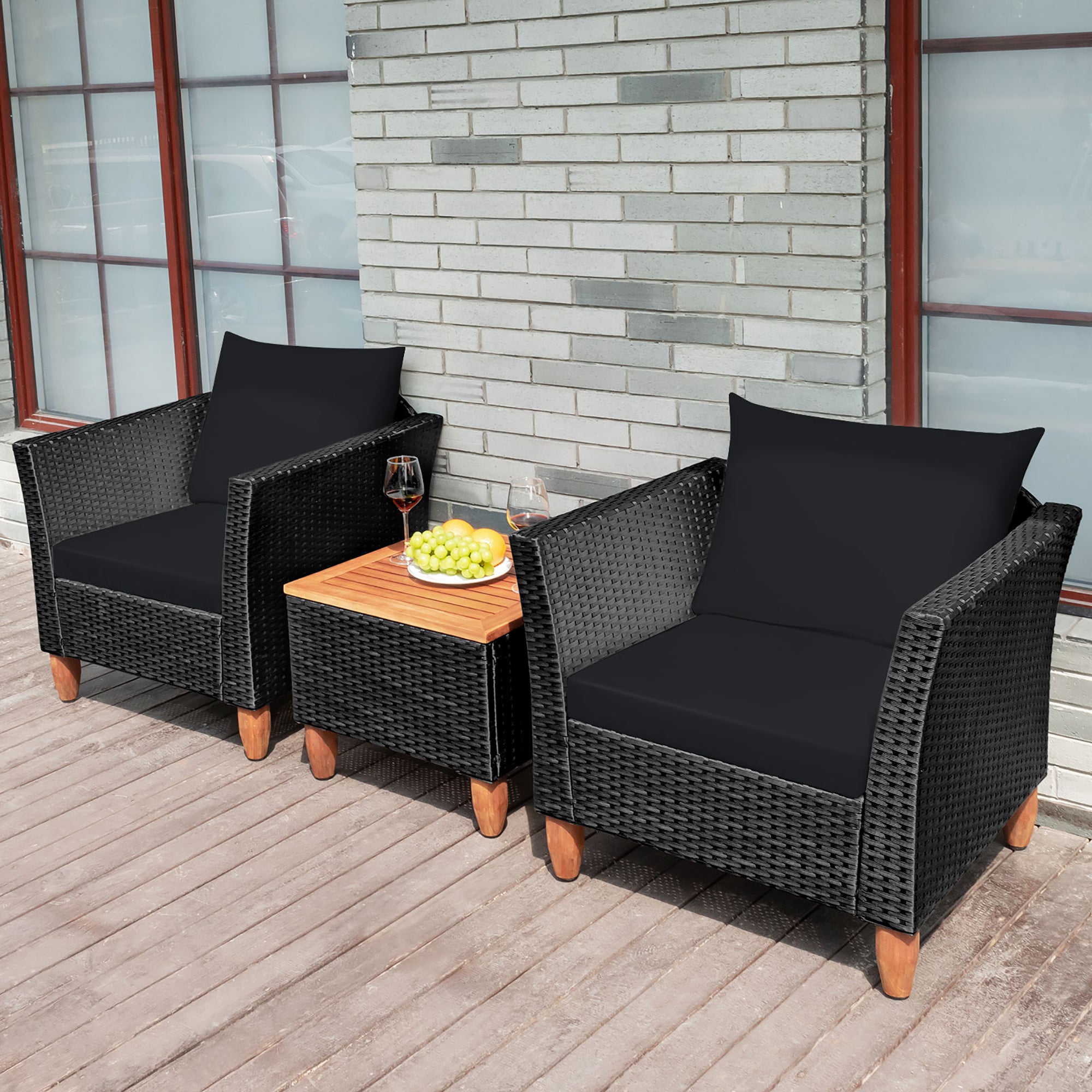  Black Rattan Chair Set with Acacia Wood 3 Piece Set - Navy - Bonton