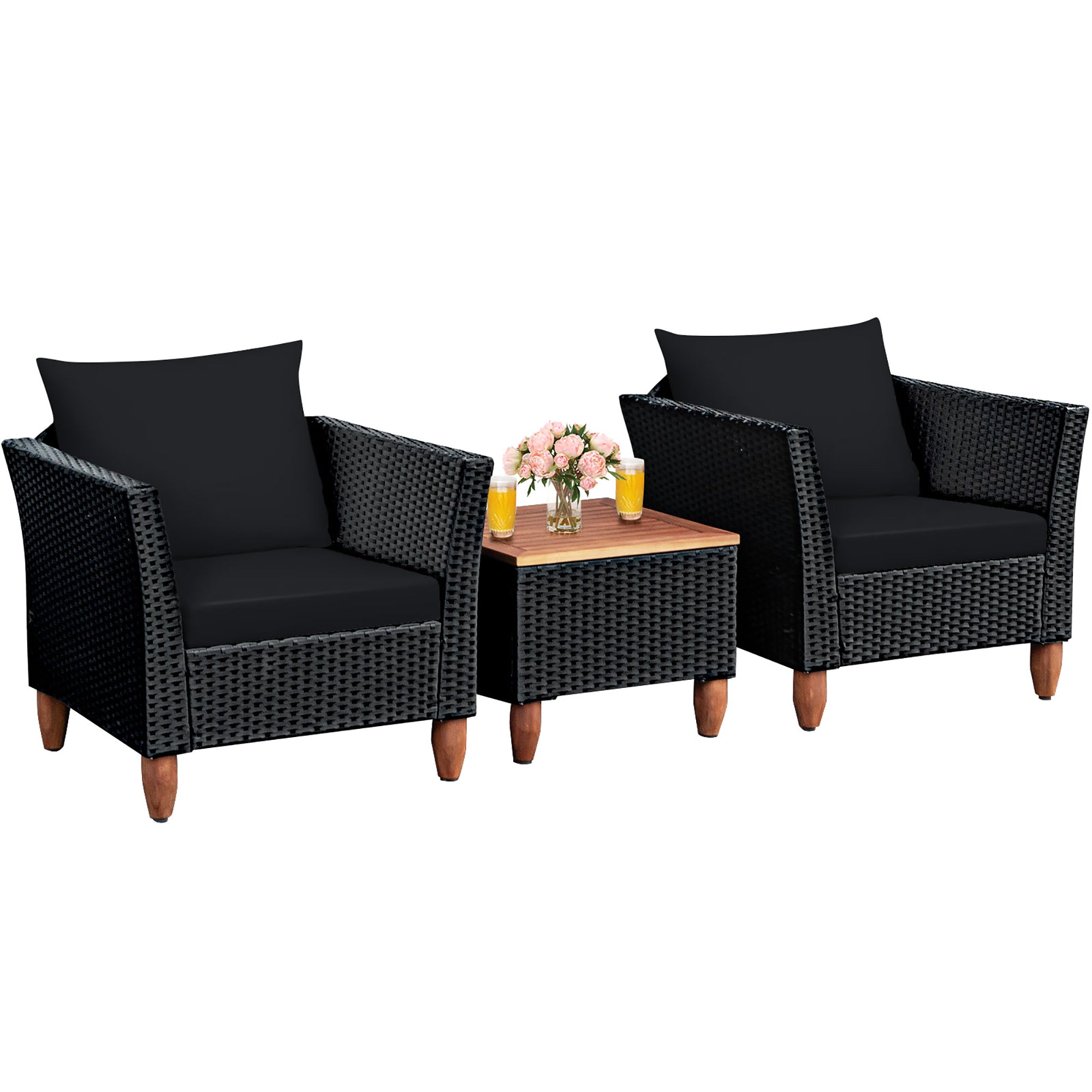  Black Rattan Chair Set with Acacia Wood 3 Piece Set - Navy - Bonton