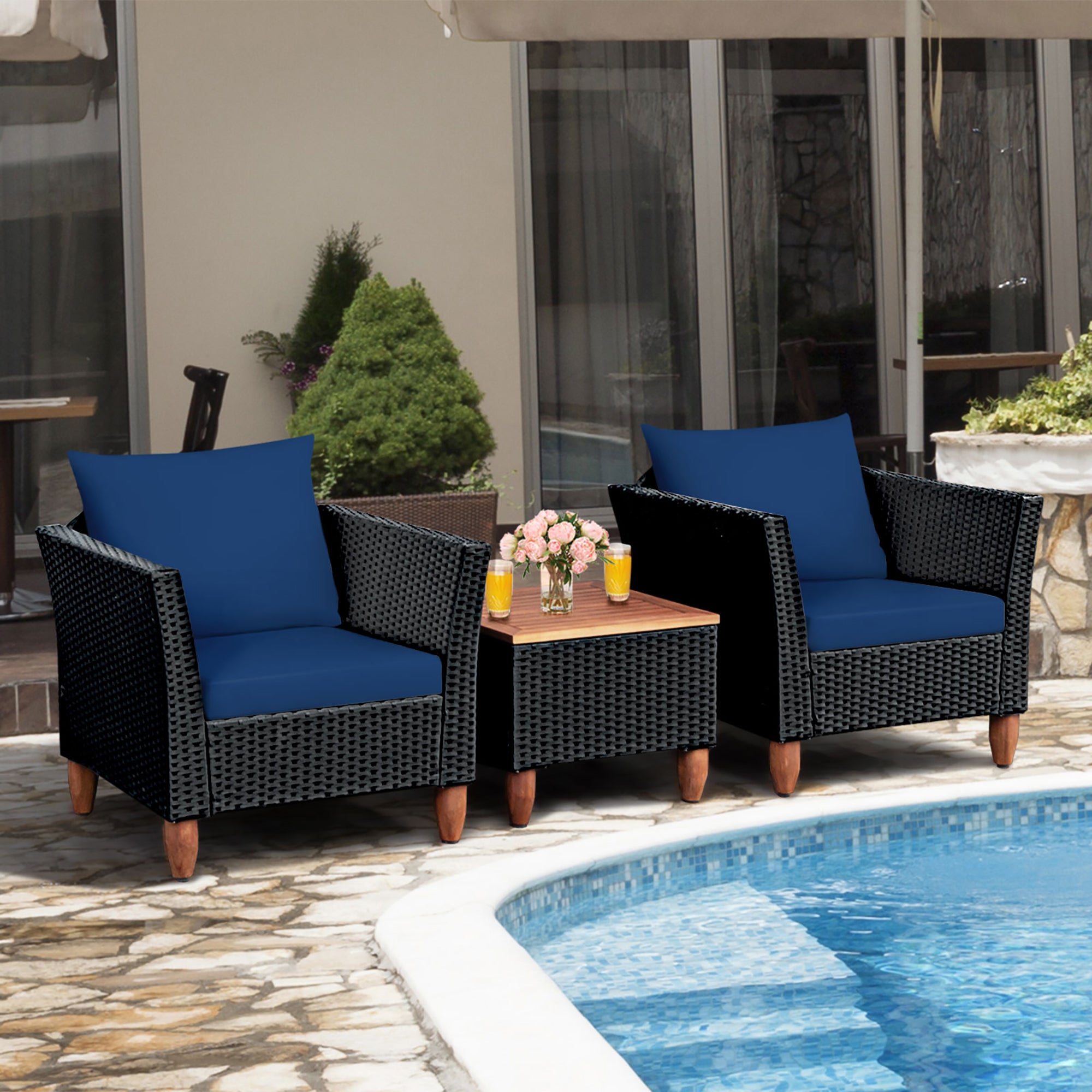  Black Rattan Chair Set with Acacia Wood 3 Piece Set - Navy - Bonton