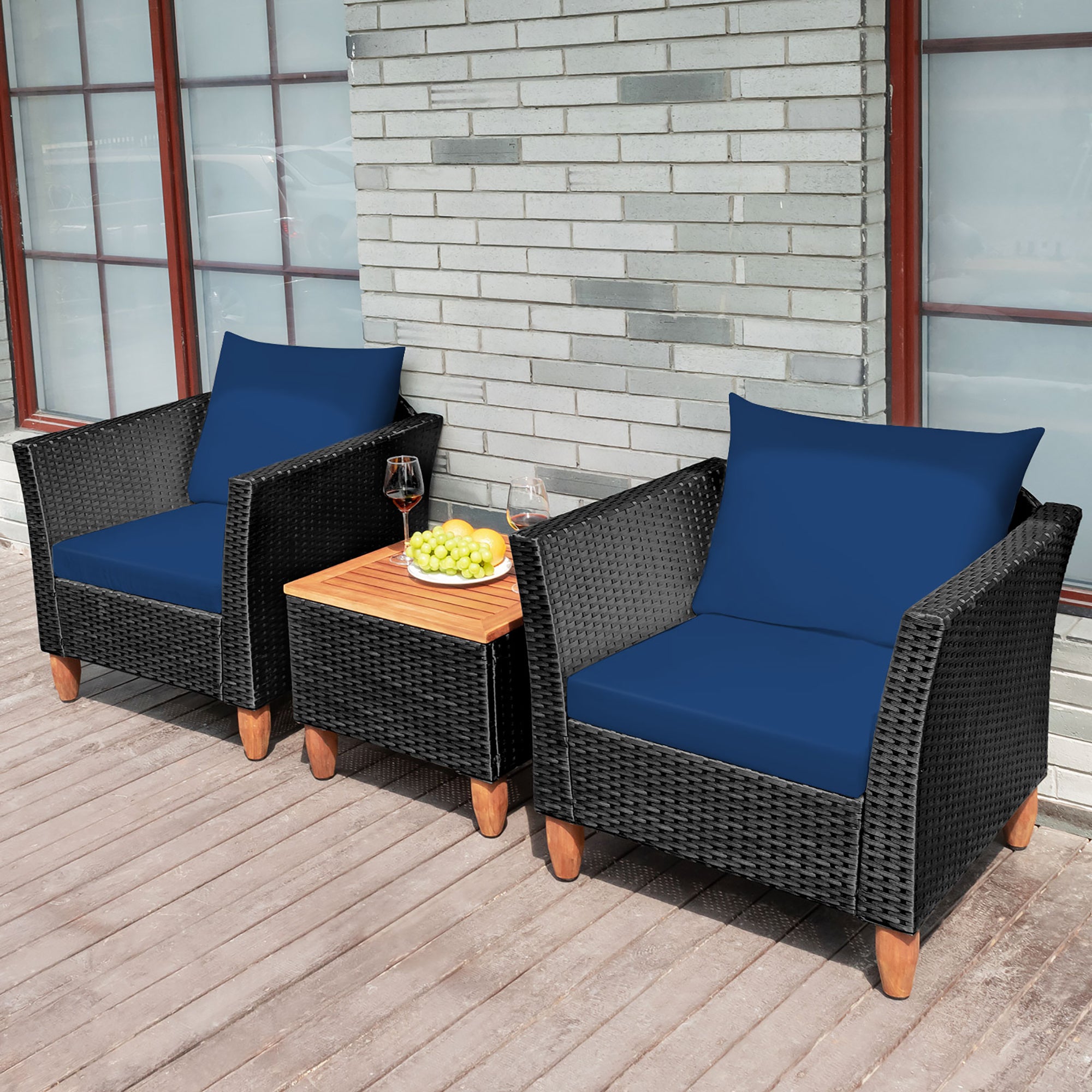  Black Rattan Chair Set with Acacia Wood 3 Piece Set - Black - Bonton