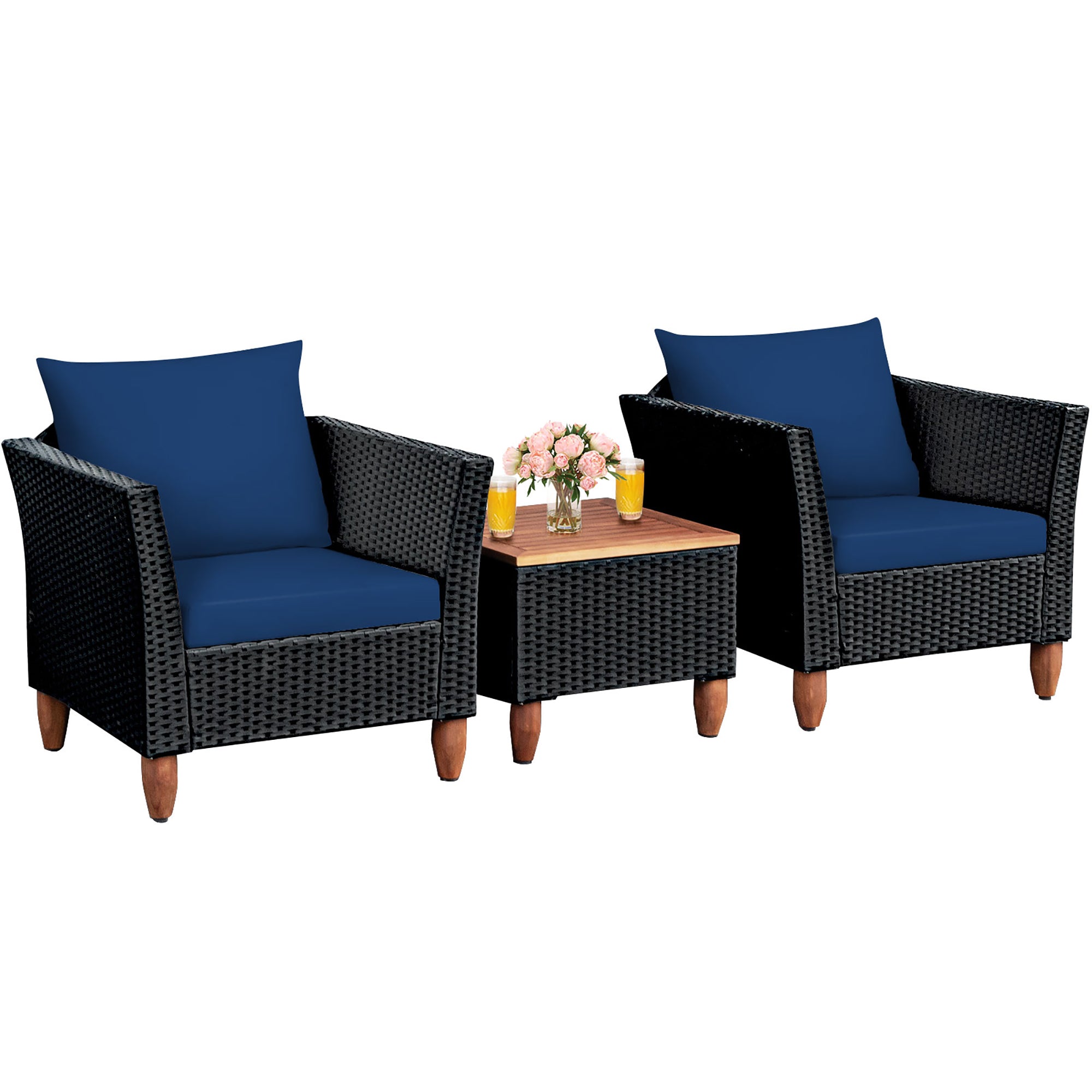  Black Rattan Chair Set with Acacia Wood 3 Piece Set - Red - Bonton