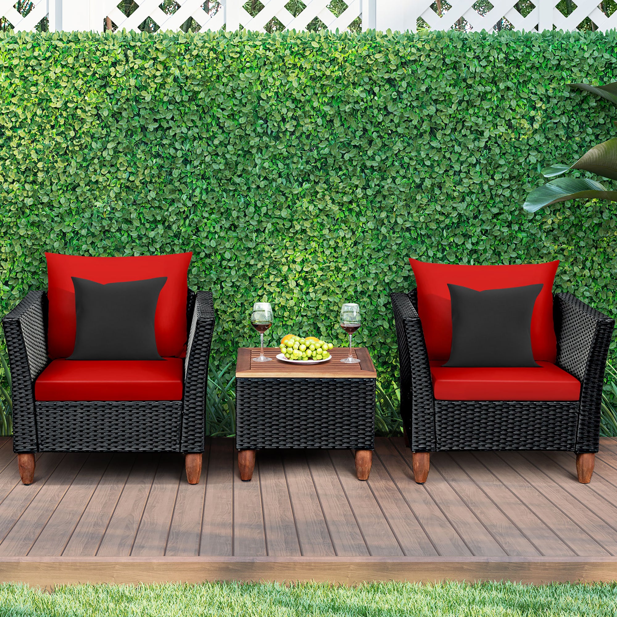  Black Rattan Chair Set with Acacia Wood 3 Piece Set - Black - Bonton