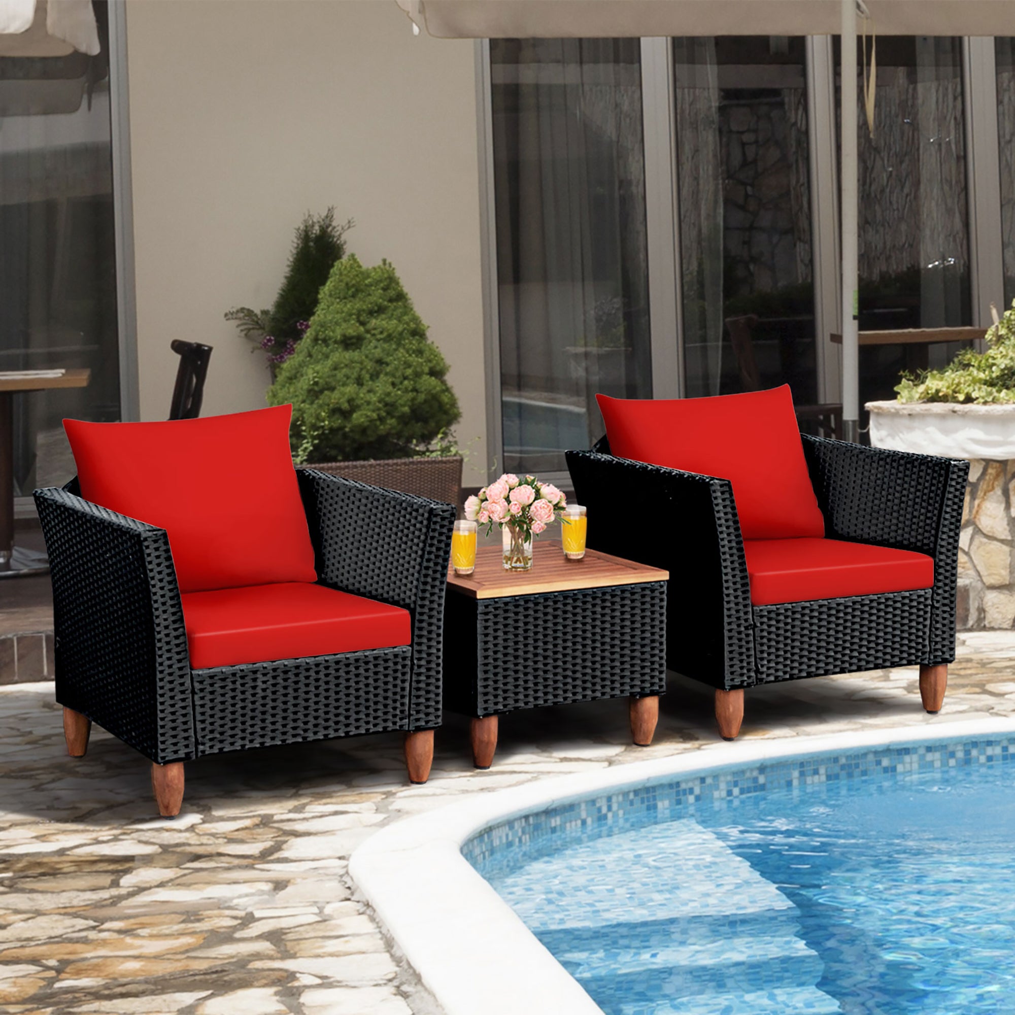  Black Rattan Chair Set with Acacia Wood 3 Piece Set - Navy - Bonton