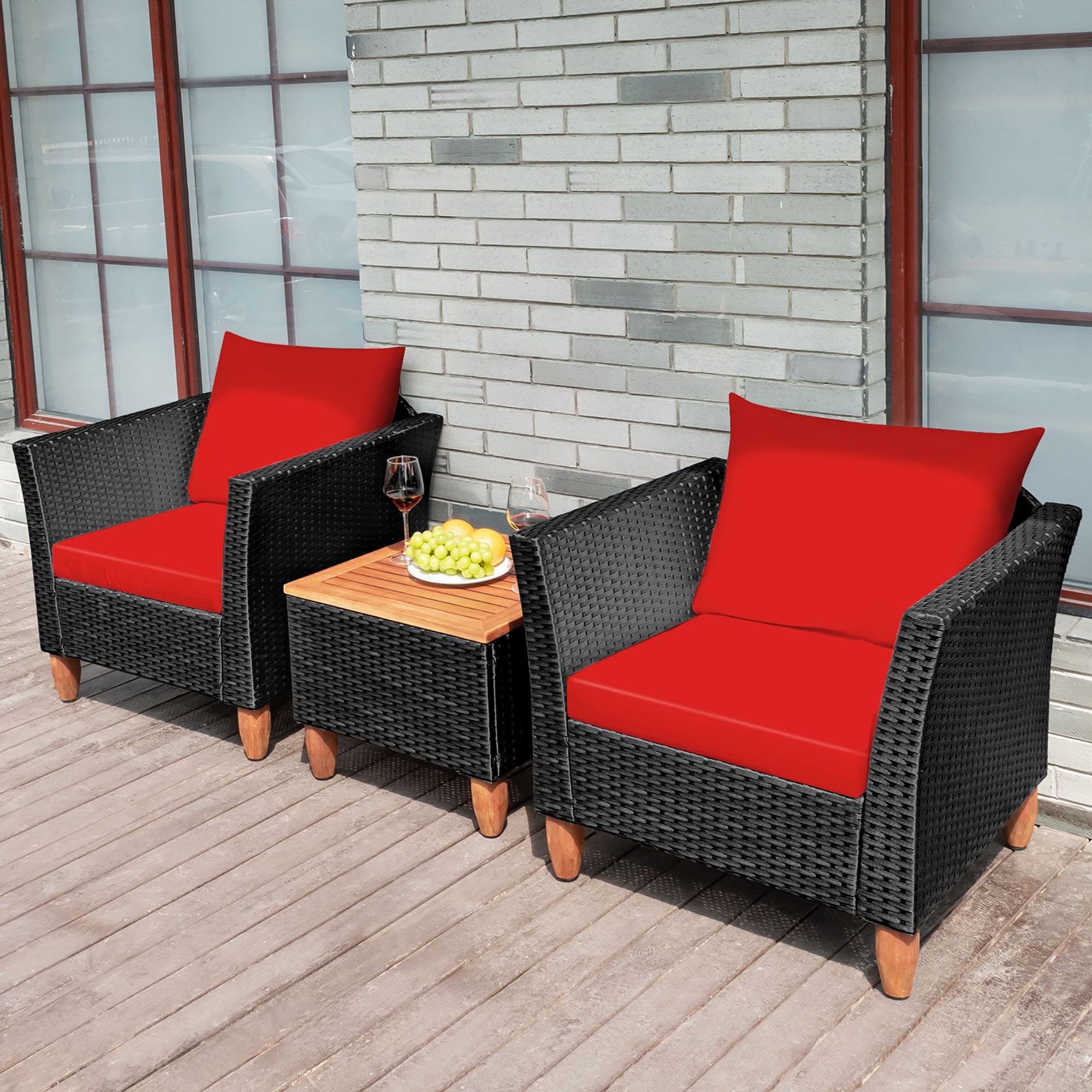  Black Rattan Chair Set with Acacia Wood 3 Piece Set - Navy - Bonton