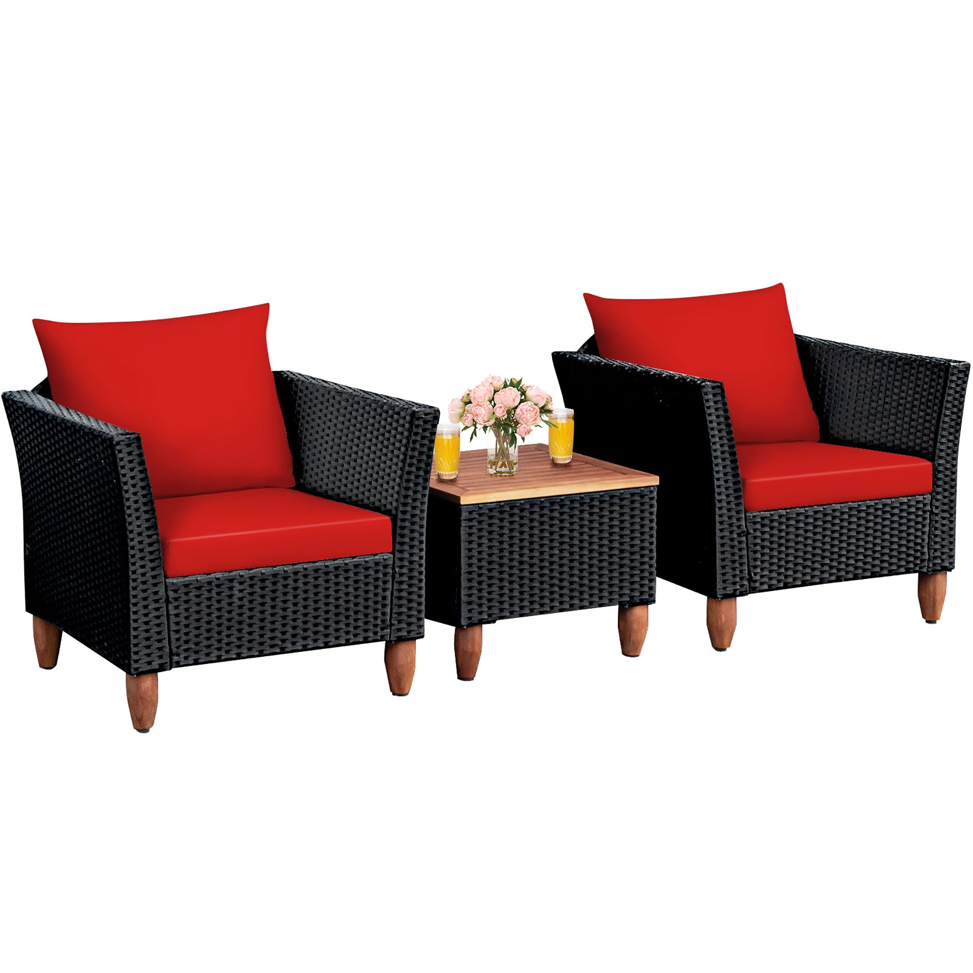  Black Rattan Chair Set with Acacia Wood 3 Piece Set - Navy - Bonton