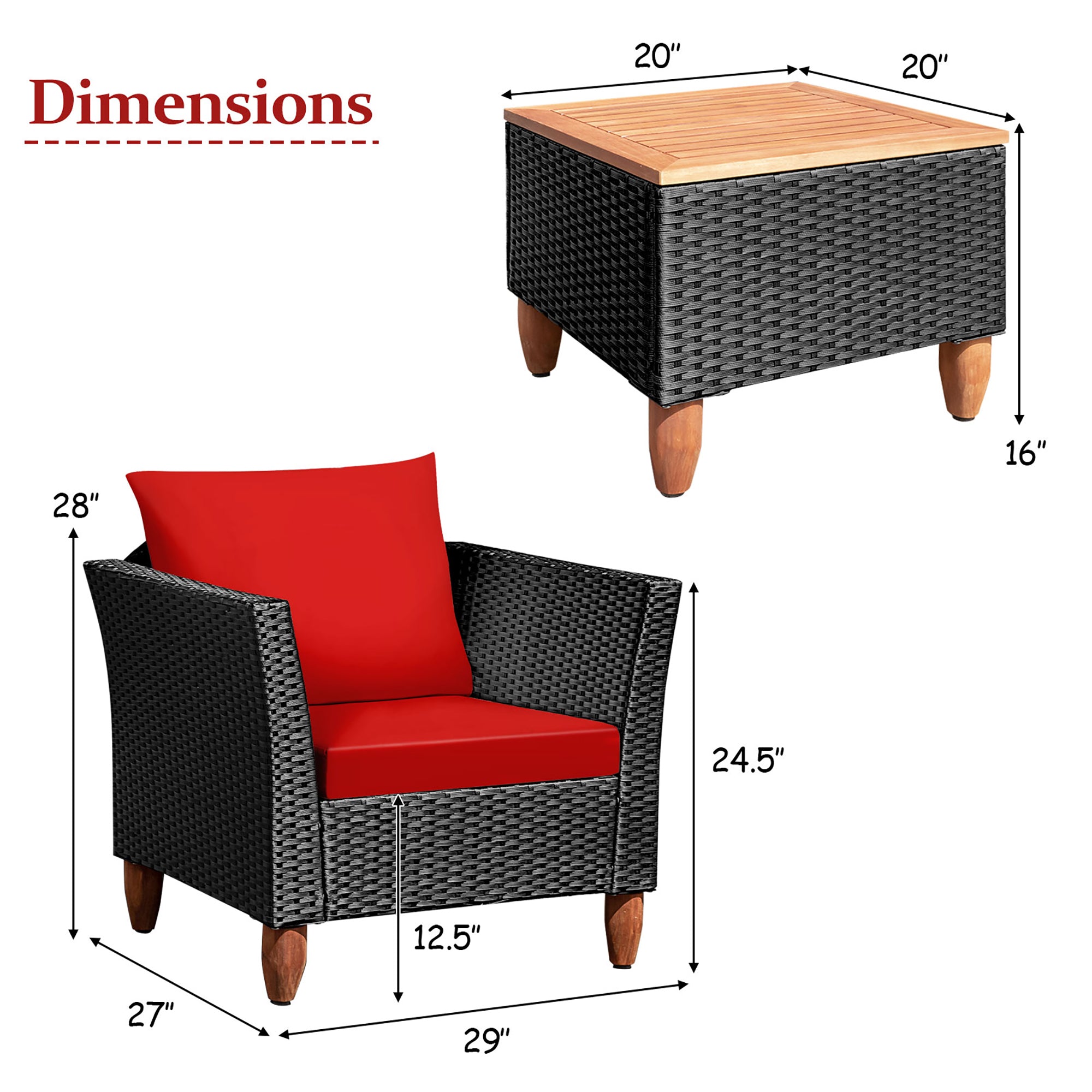  Black Rattan Chair Set with Acacia Wood 3 Piece Set - Red - Bonton