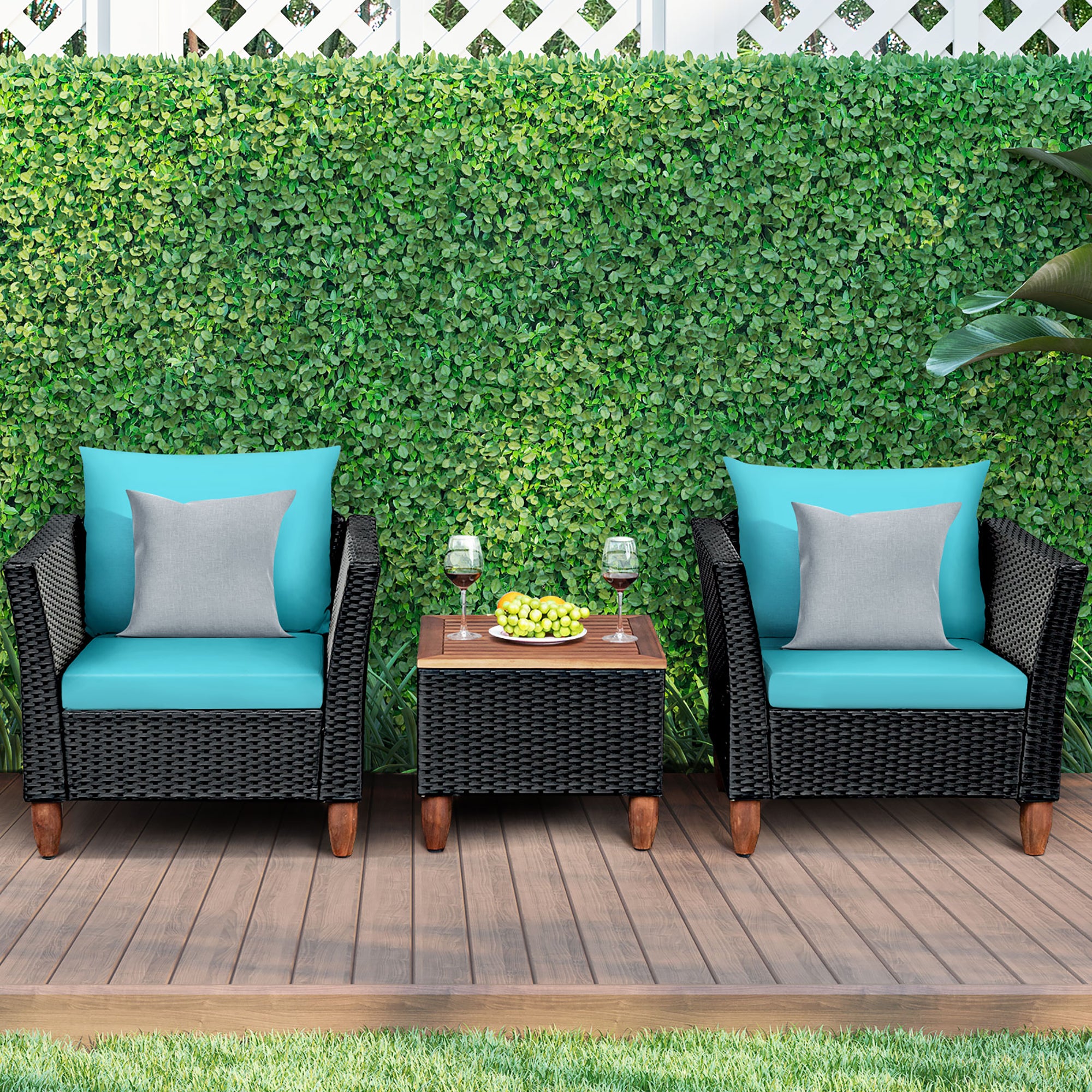  Black Rattan Chair Set with Acacia Wood 3 Piece Set - Navy - Bonton