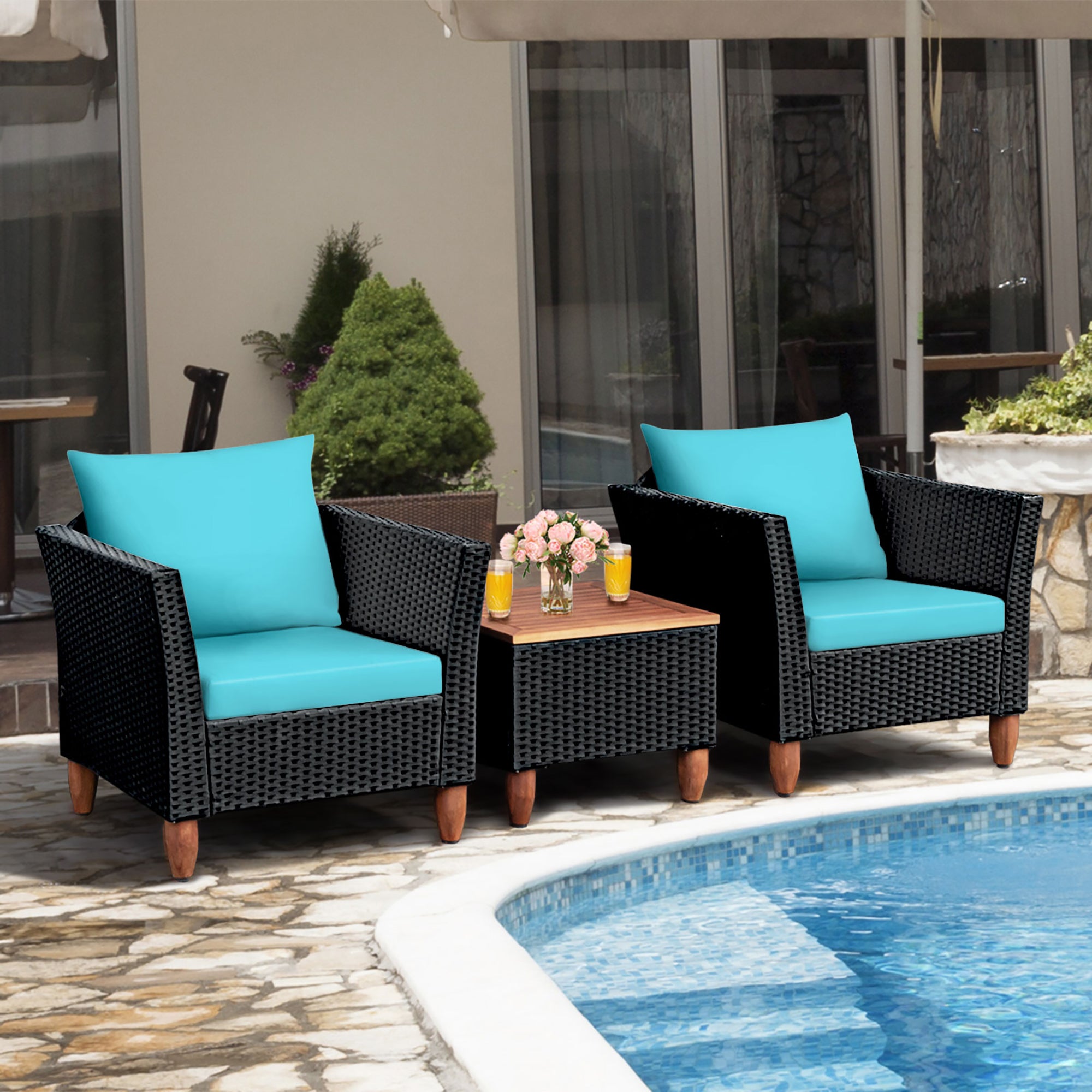  Black Rattan Chair Set with Acacia Wood 3 Piece Set - Navy - Bonton