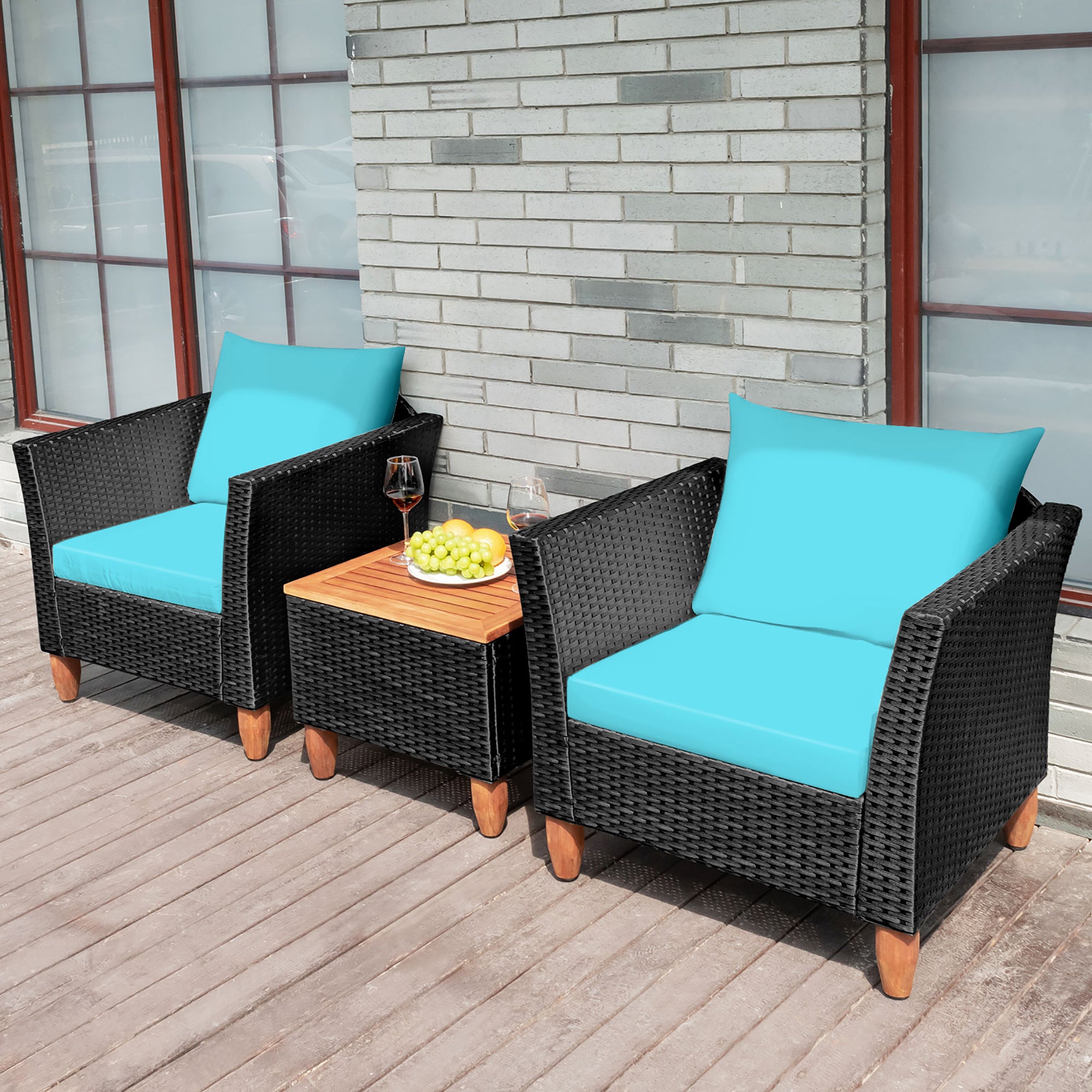  Black Rattan Chair Set with Acacia Wood 3 Piece Set - Black - Bonton