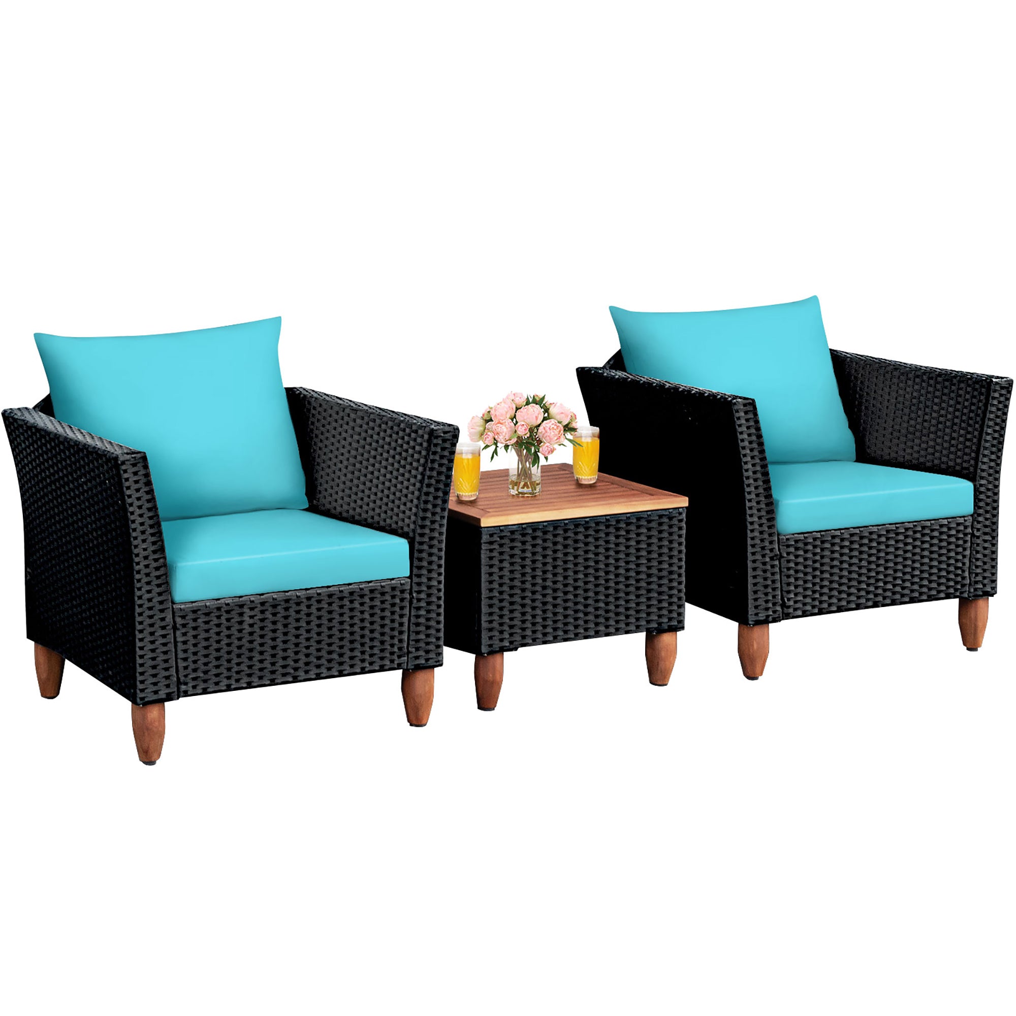  Black Rattan Chair Set with Acacia Wood 3 Piece Set - Black - Bonton