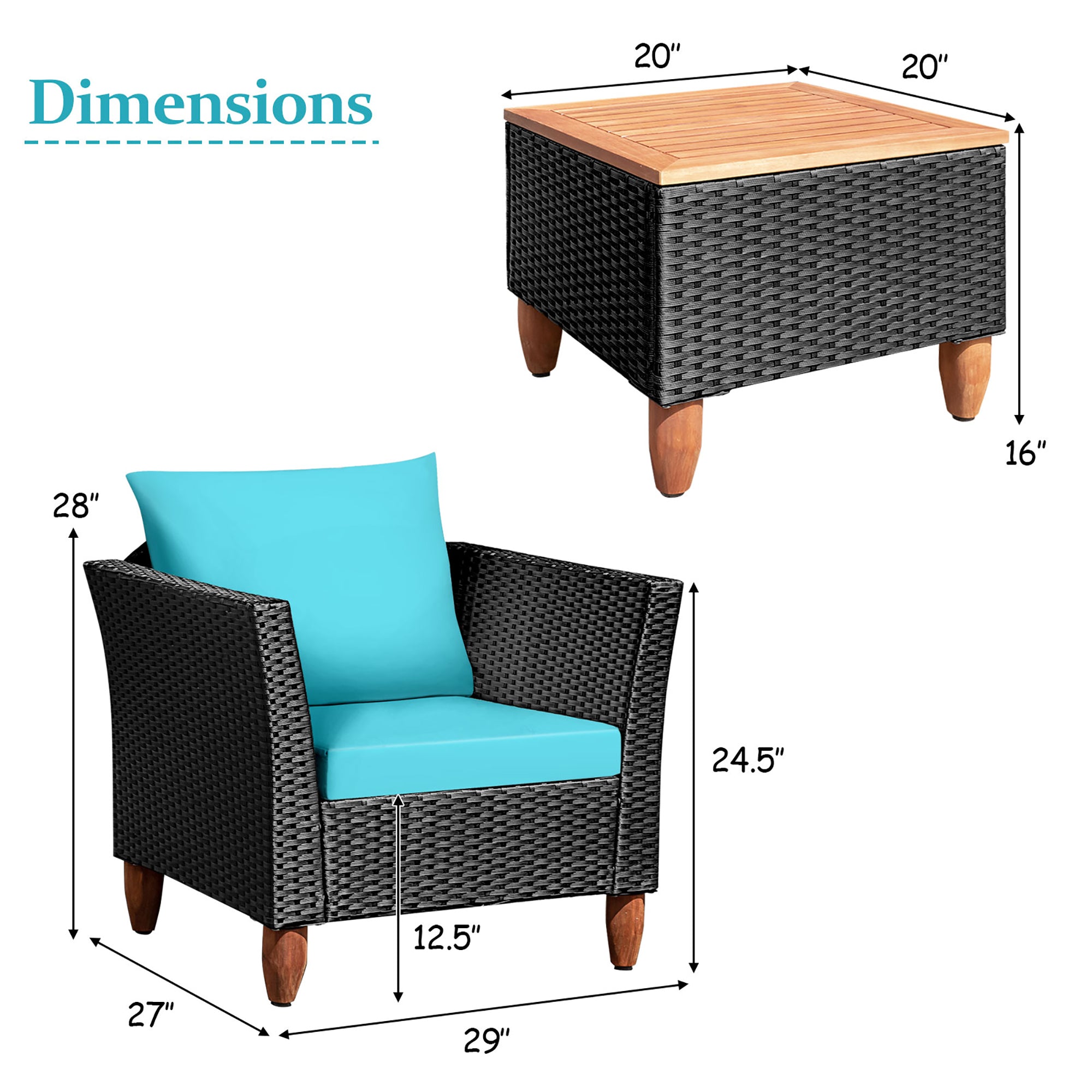  Black Rattan Chair Set with Acacia Wood 3 Piece Set - Turquoise - Bonton